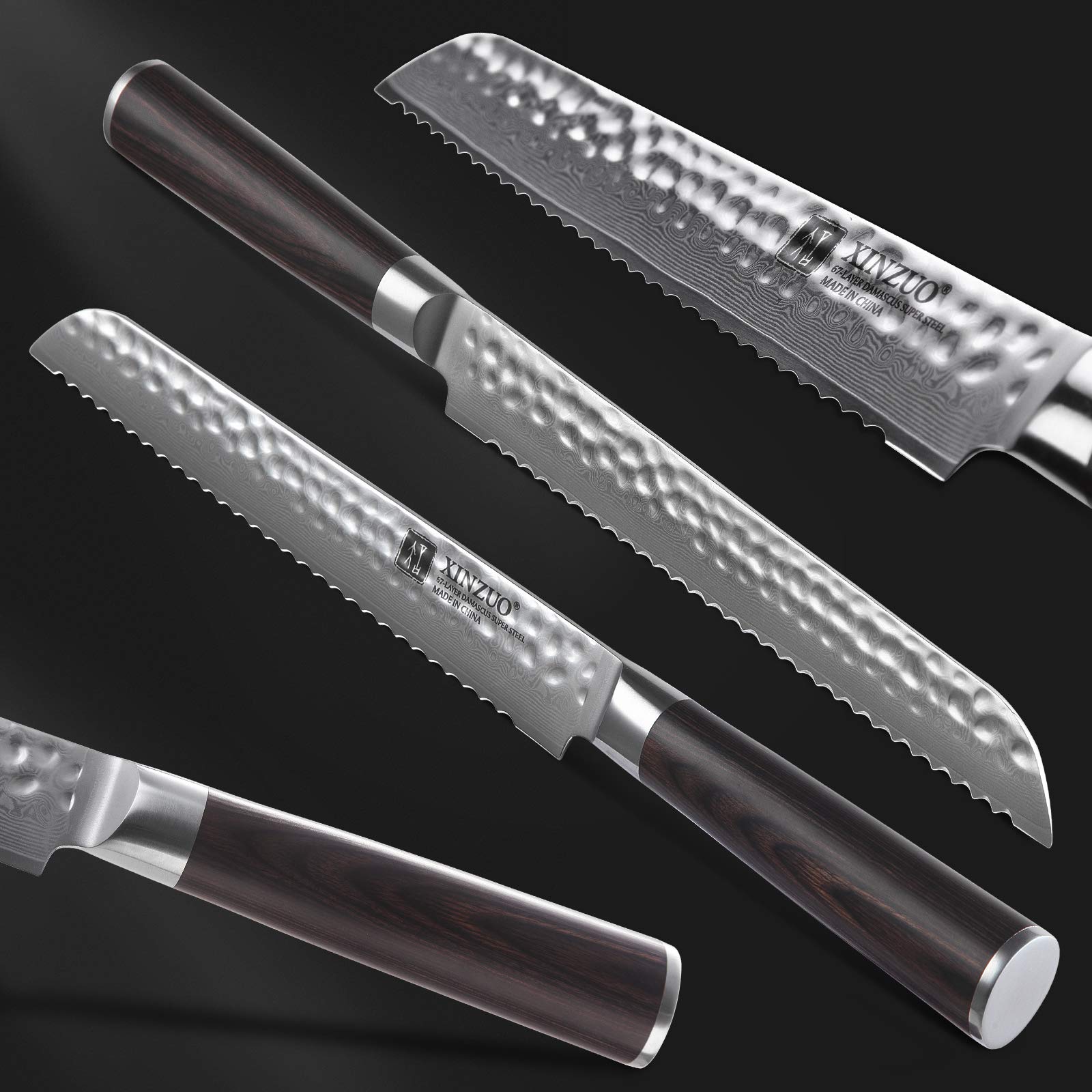 XINZUO 8 Inch 67 Layers Damascus Bread Knife - Professional Serrated Bread Knife with Pakkawood Handle for Homemade Bread, Pastry, Cake Cutting | Razor Sharp Blade & Gift Box Included | Perfect for Bakeries, Kitchens & Bread Lovers
