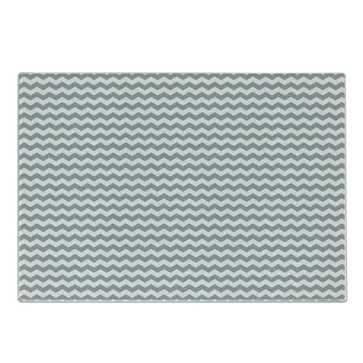 Ambesonne Grey Chevron Pattern Tempered Glass Cutting Board - Modern Abstract Mosaic Design - Decorative Serving Board for Kitchen, Cheese Platter & Charcuterie - Small Size White & Pale Grey Glass Cutting Surface for Home Entertaining & Gifts