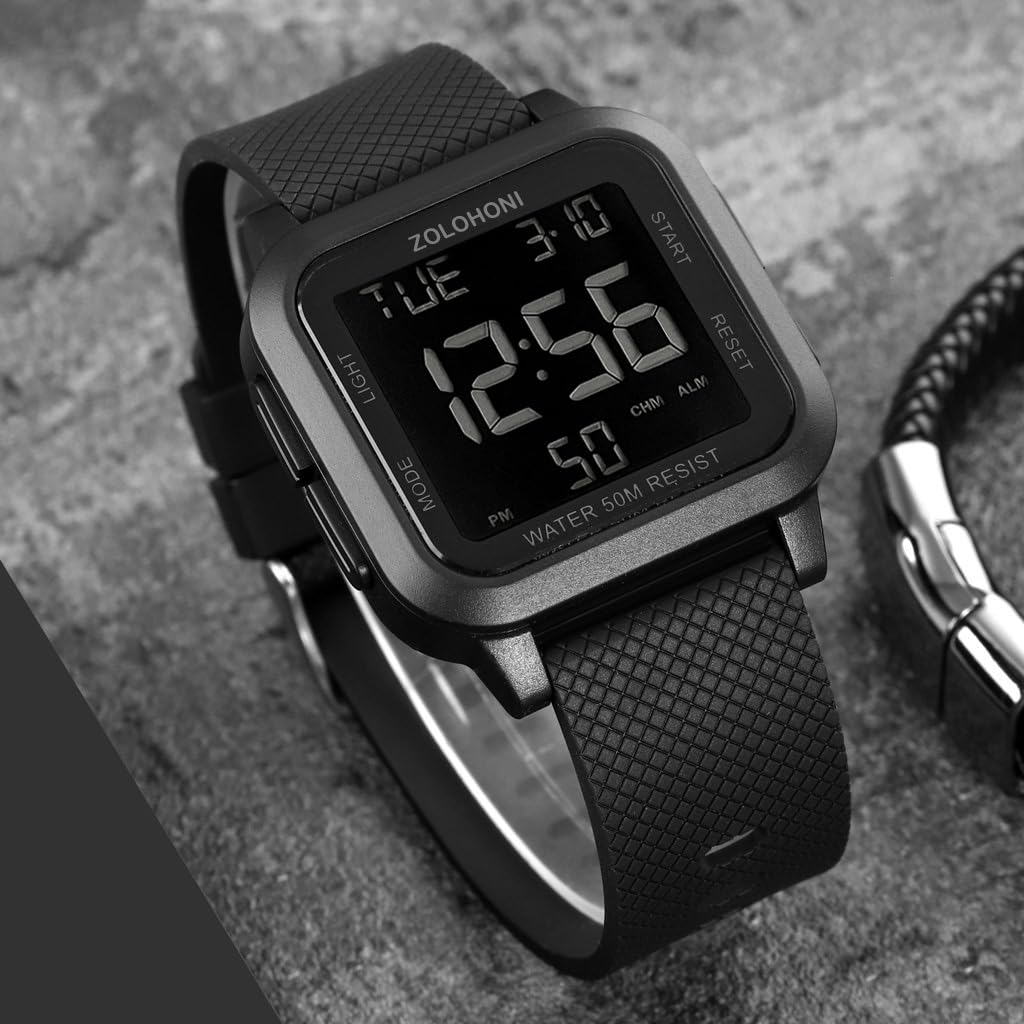 Square Men's Digital Watch - Large Face with Big Numbers, Waterproof LED Watch with Alarm, Date & Stopwatch - Perfect for Outdoor Sports, Running, Swimming & Daily Use