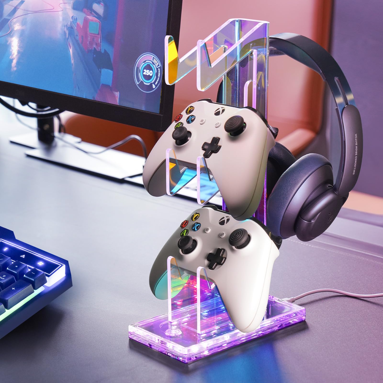 NiHome Iridescent Acrylic Multi-Tier Game Controller & Headset Holder Stand with Customizable LED Lighting - USB-Powered 7 Colors & 3 Modes, Anti-Slip Gaming Desk Organizer & Cable Management (3 Tiers) - Perfect for PS5, Xbox, Switch & PC Gaming Setup Accessories