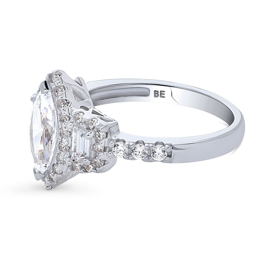 BERRICLE Sterling Silver 3-Stone Wedding Engagement Ring - 1 Carat Marquise Cut Cubic Zirconia CZ Halo Ring for Women - Rhodium Plated Size 4-10 - Perfect for Proposals, Anniversaries & Special Occasions