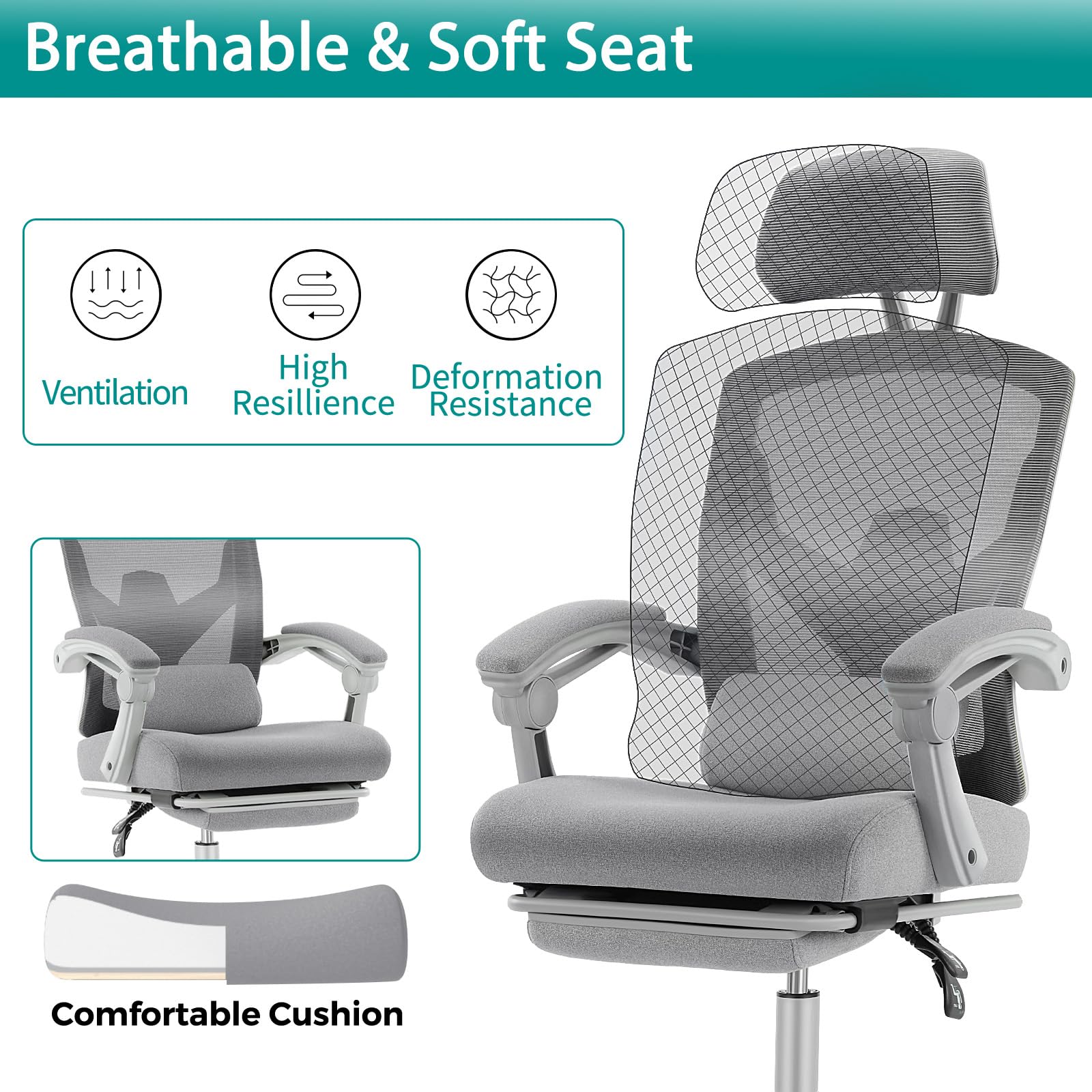 DUMOS Ergonomic High-Back Mesh Office Chair with Adjustable Footrest - Swivel Rolling Recliner with Wheels, Headrest & Lumbar Support - Comfortable Desk Chair for Home Office, Gaming, Studying (Grey) - Perfect for Long Work Hours, Online Classes & PC Gaming Sessions