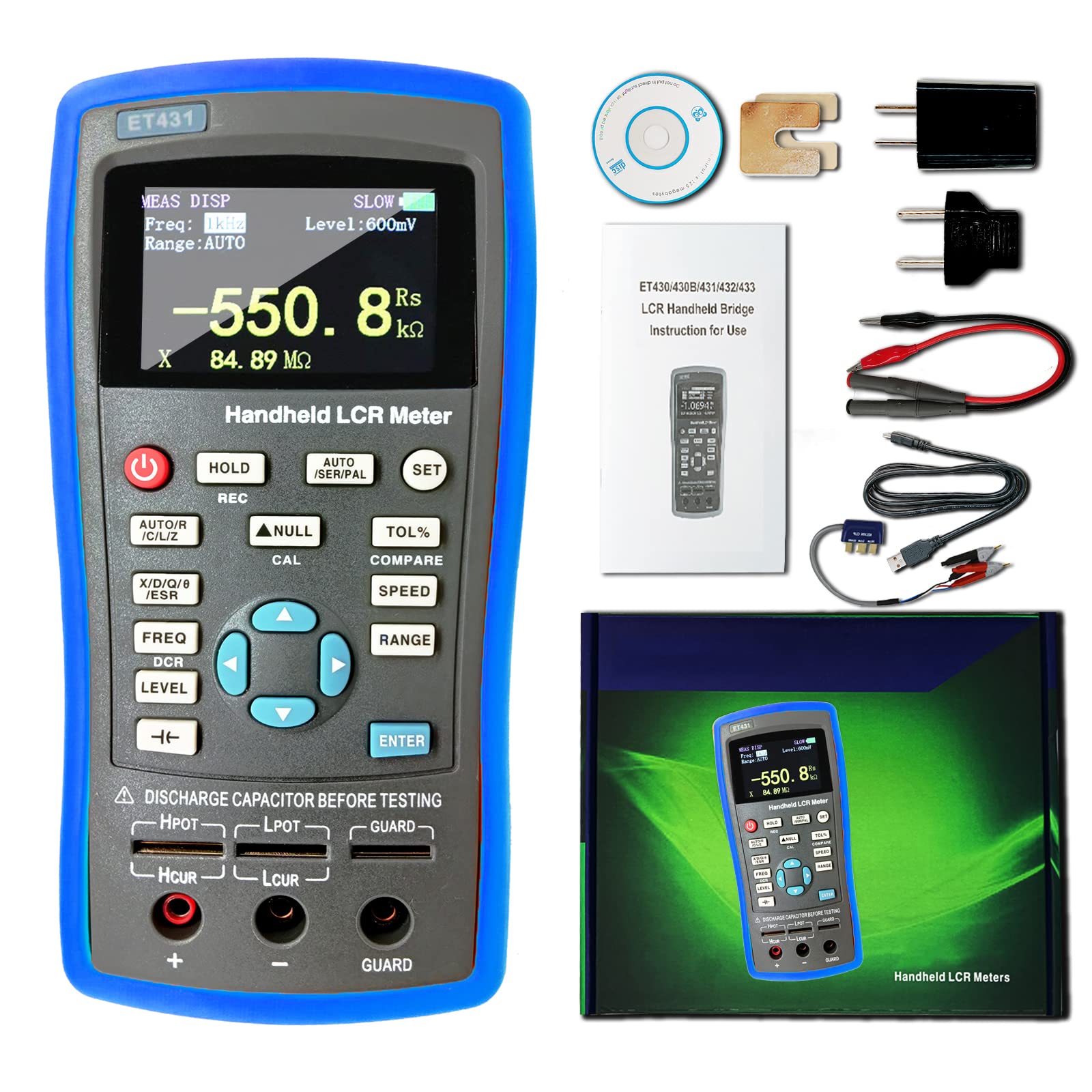 ET431 Handheld Digital LCR Meter with 0.2% Accuracy, TFT Display - Portable Capacitance, Inductance, Resistance & Transistor Tester - Rechargeable Multifunction Multimeter for Electronics Repair, Circuit Testing & Component Analysis