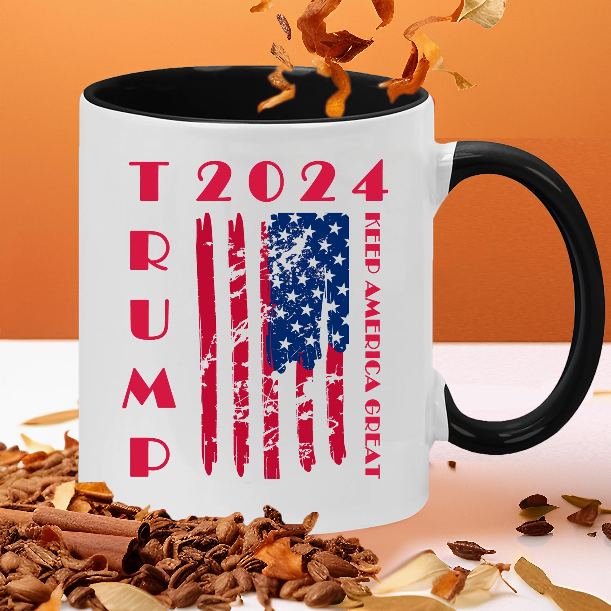 Kropsis Trump 2024 USA Flag Ceramic Coffee Mug - 15oz Black Political Campaign Travel Mug - Perfect for Home, Office & Conservative Gift Giving