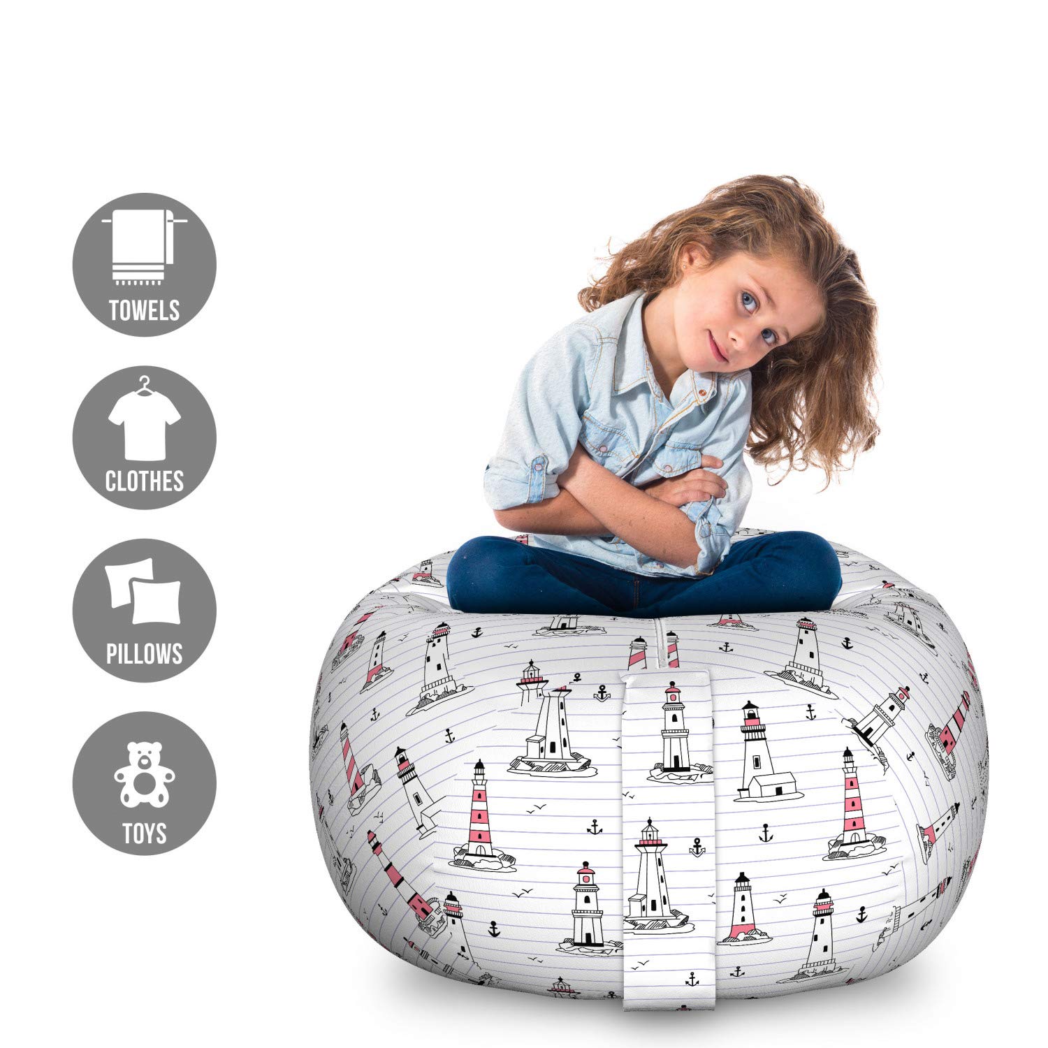 Ambesonne Lighthouse Storage Toy Bag Chair - Nautical Themed Notebook Pattern with Seagulls & Anchors Doodle Design | Washable Stuffed Animal Organizer | Large Size in Pink Lilac Black | Perfect for Kids' Room, Nursery & Playroom Organization