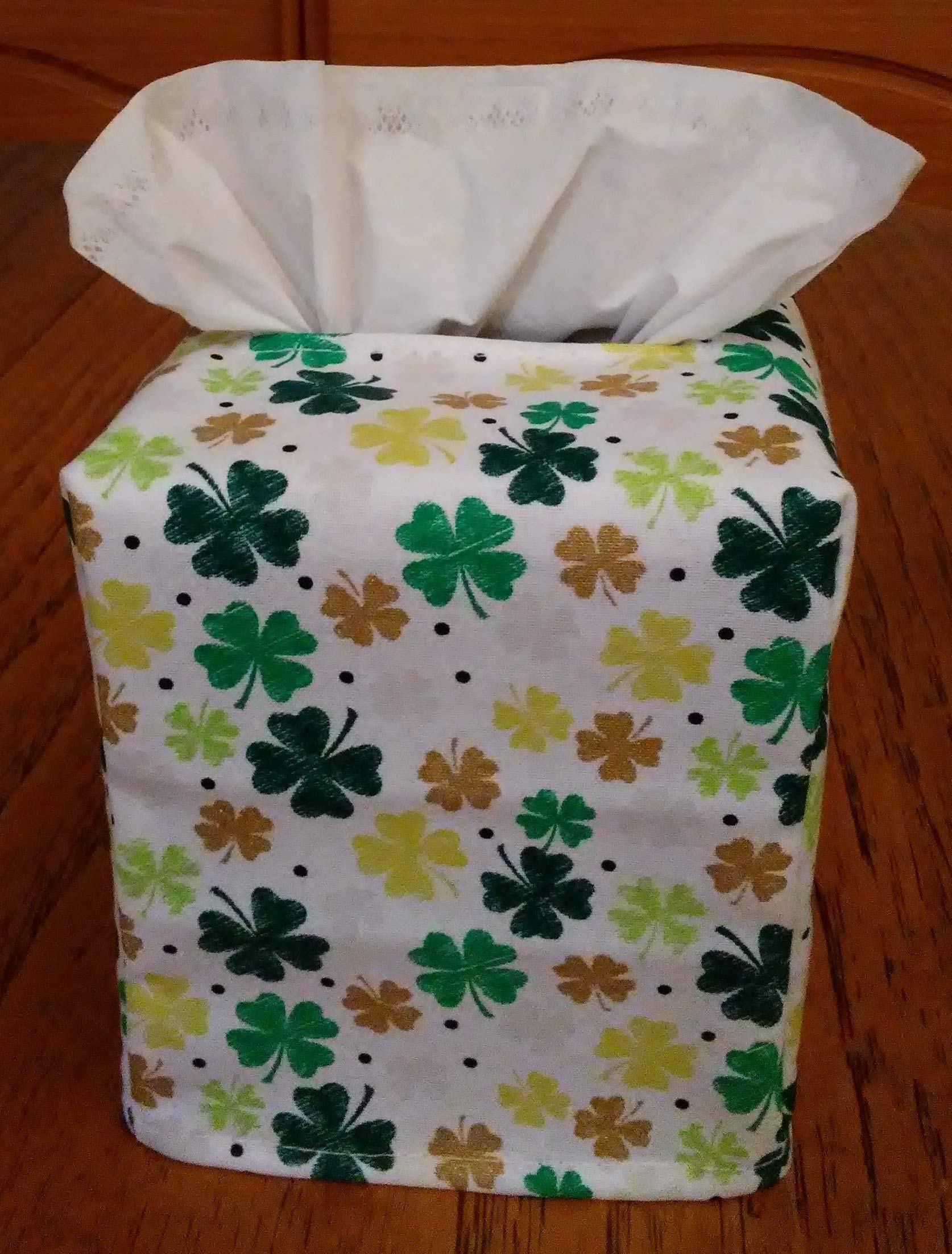 Handmade Square Tissue Box Cover with Glittering Colorful 4-Leaf Clovers on White Fabric - Perfect for Home Decor, St. Patrick's Day, and Gift Giving