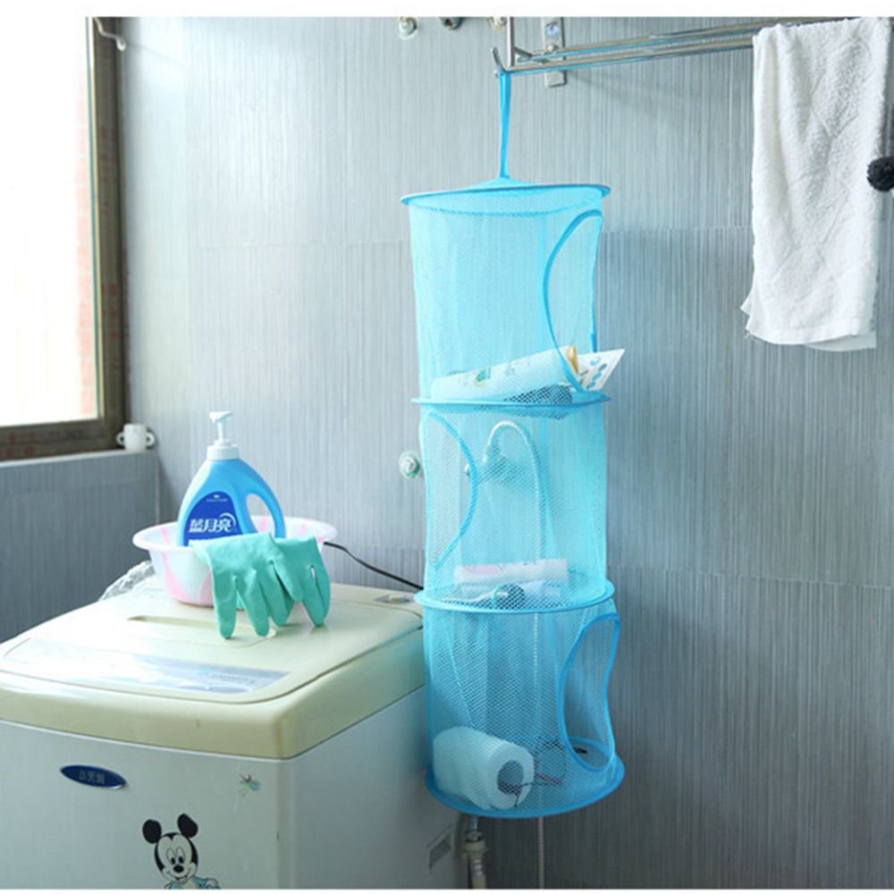 3 Compartment Mesh Hanging Storage Organizer - Space Saving Toy Basket for Kids Room Organization (Blue) | Perfect for Bedroom, Closet & Nursery Storage