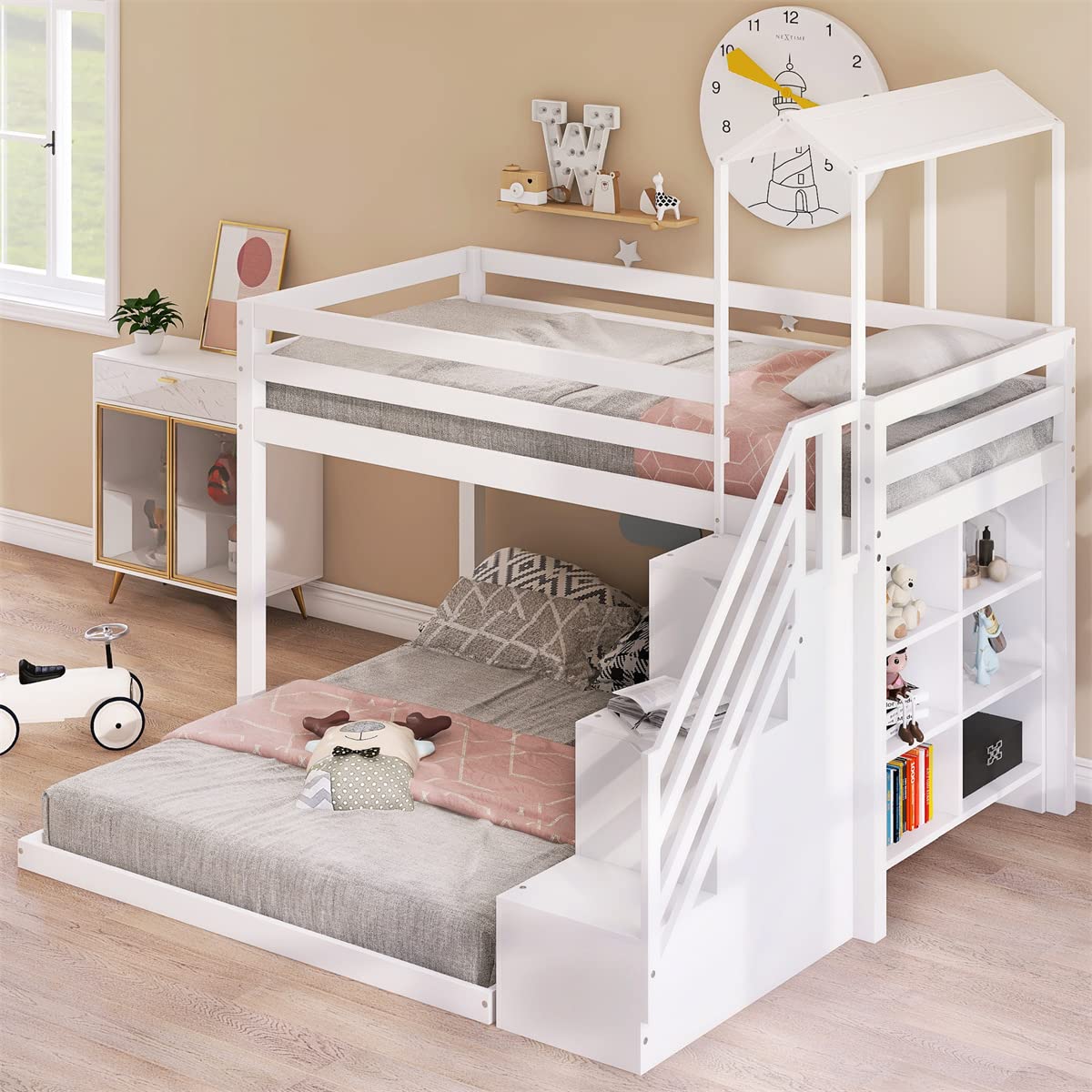 Solid Wood Twin Over Full Bunk Bed with Stairs & Shelves - White House Roof Bunk Bed Frame with Wood Slat Support (No Box Spring Needed) - Perfect for Kids' Bedrooms, Guest Rooms & Space-Saving Solutions