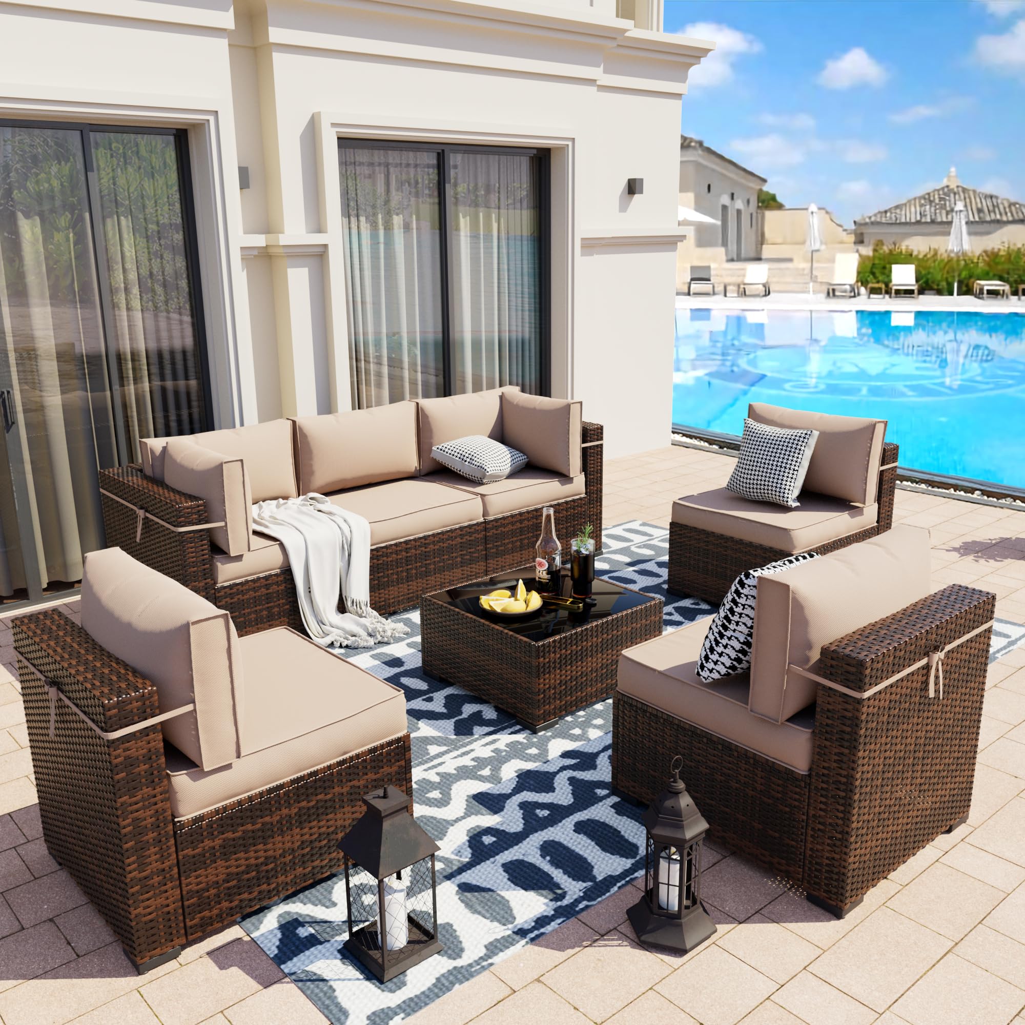 UDPATIO 7-Piece Modular Rattan Outdoor Patio Sectional Sofa Set with Side Table - Brown/Khaki Wicker Furniture for Backyard, Deck & Garden (Includes Sofa Cover) | Perfect for Outdoor Entertaining, Lounging & Relaxation