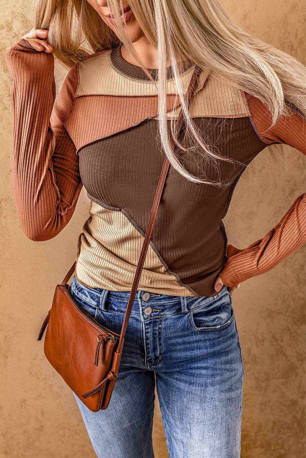 Stylish Color Block Ribbed Knit Top for Women - Exposed Seams Design in Light Brown | Perfect for Casual Outings, Date Nights & Office Wear