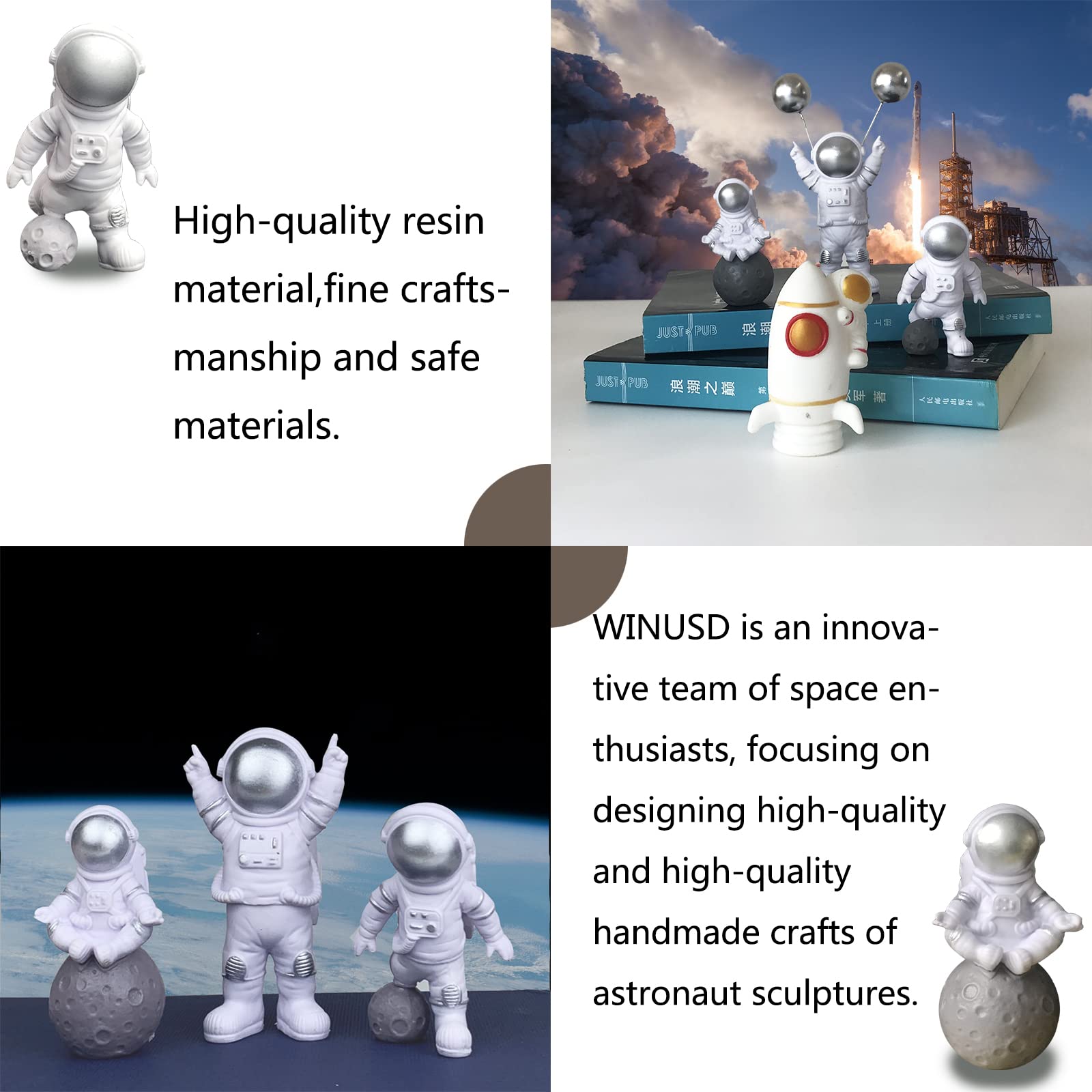 4 PCS Astronaut Figurines - Silver Spaceman Cake Toppers, Resin Astronaut Decorations for Outer Space Themed Birthday Parties, Kids Room Decor & Desktop Ornaments - Includes 3 Astronaut Figures & 1 Keychain - Perfect for Space-Themed Cakes, Cupcakes, Gift Giving & Sci-Fi Decor