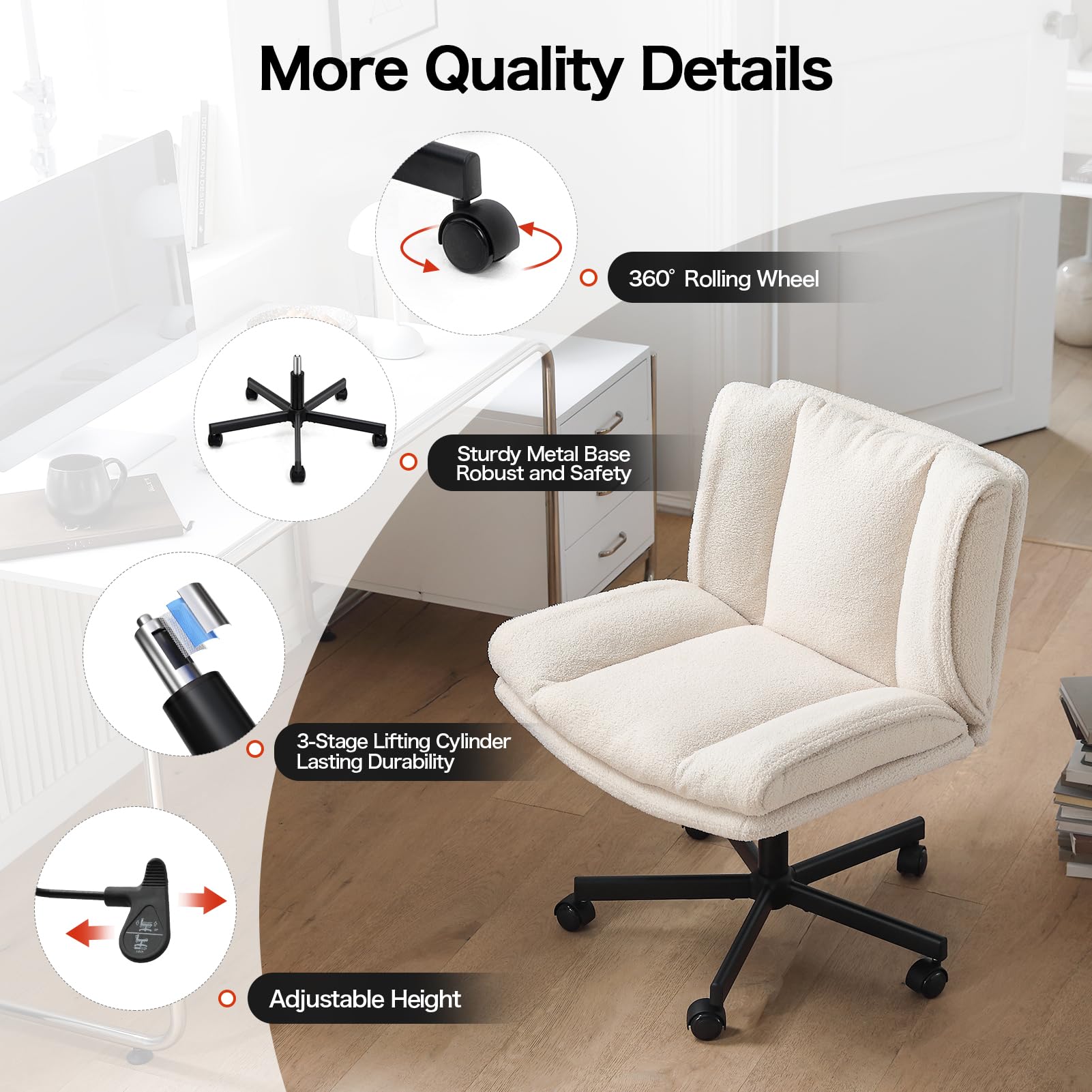 LEAGOO Criss Cross Chair with Wheels - Furry Armless Desk Chair, Comfy Wide Seat Cross Legged Office Chair - Height Adjustable Swivel Vanity Chair for Home Office, Makeup, Gaming & Reading - Cream White