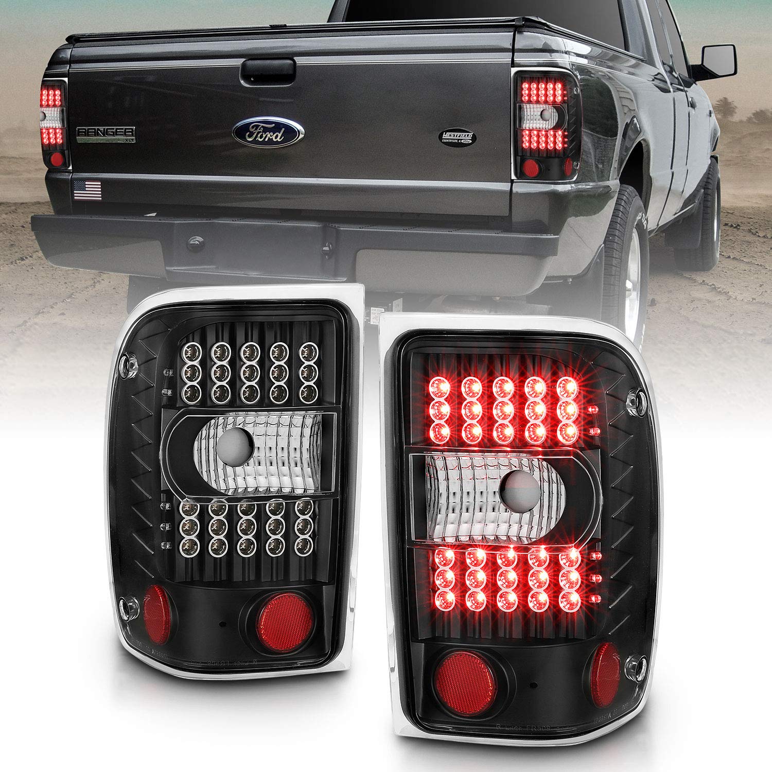 AmeriLite Black LED Replacement Brake Tail Lights for 2001-2011 Ford Ranger - Left & Right Side - Durable, Bright & Waterproof - Perfect for Night Driving & Off-Road Adventures