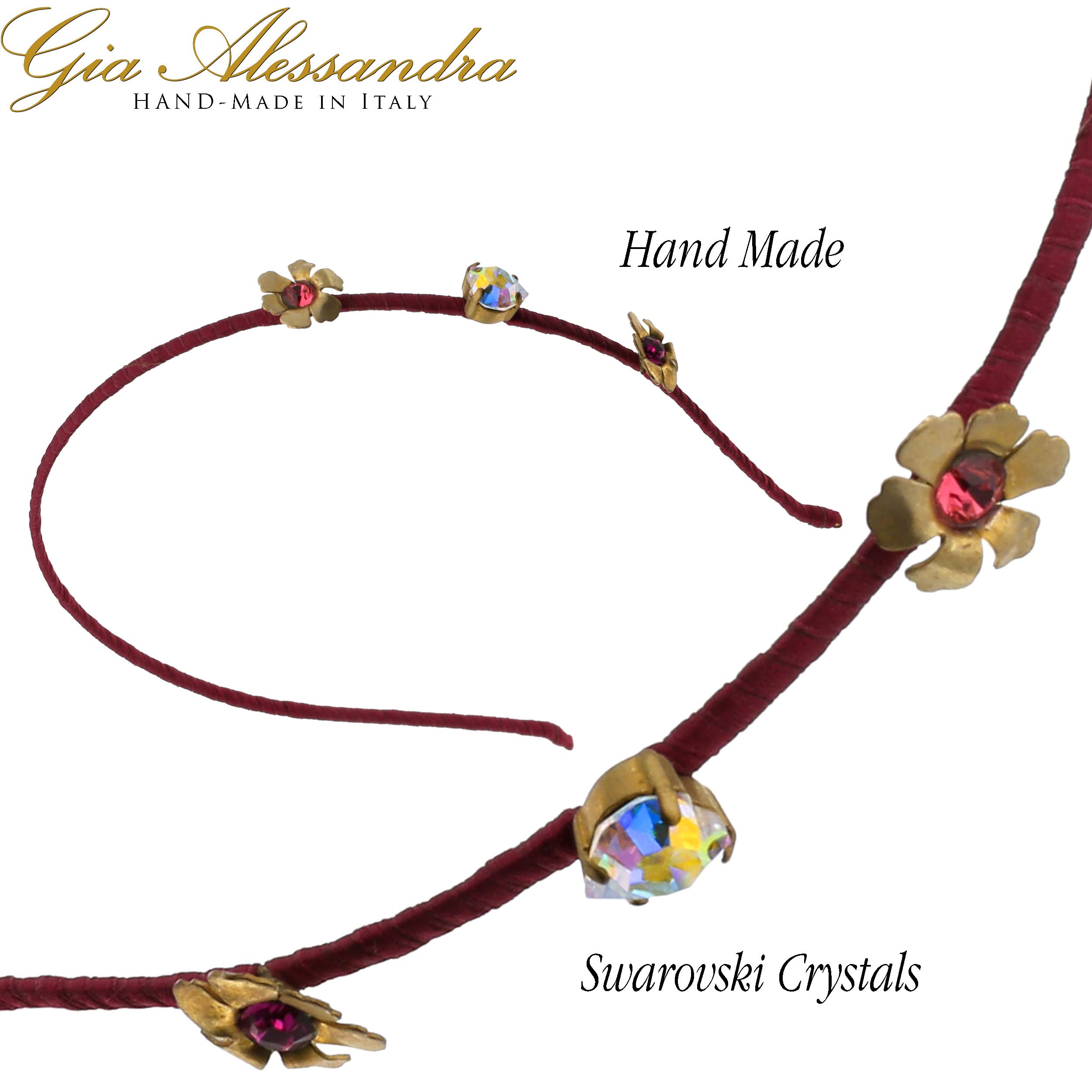 Italian Handmade Thin Red Brass Headband with Swarovski Crystals & Flowers for Weddings & Parties