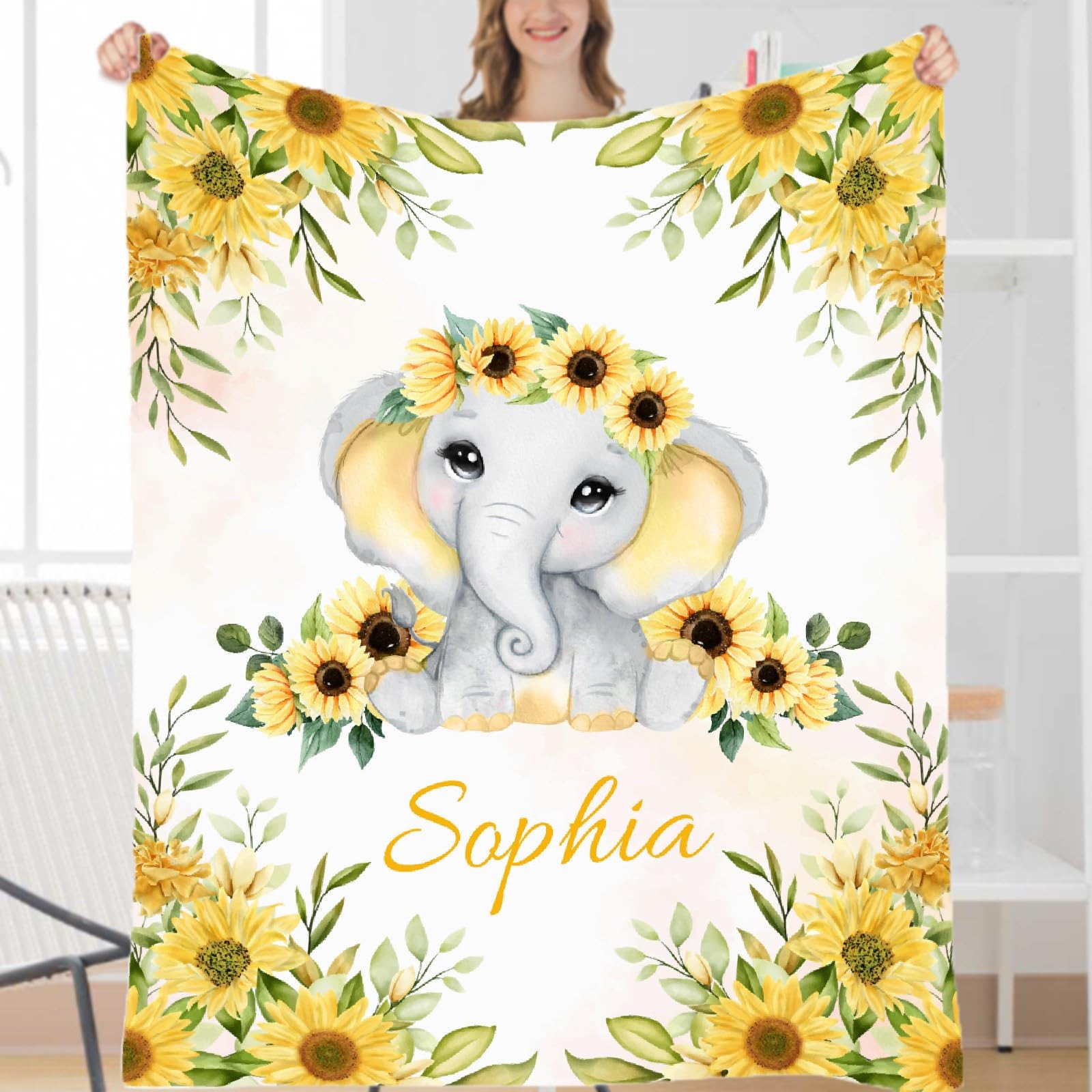 Personalized Baby Blanket with Name - Custom Sunflower Elephant Fleece Throw for Boys & Girls - Soft Cozy Plush Quilt for Nursery, Crib & Family Gifts - Perfect for Baby Showers, Birthdays & Newborn Photos