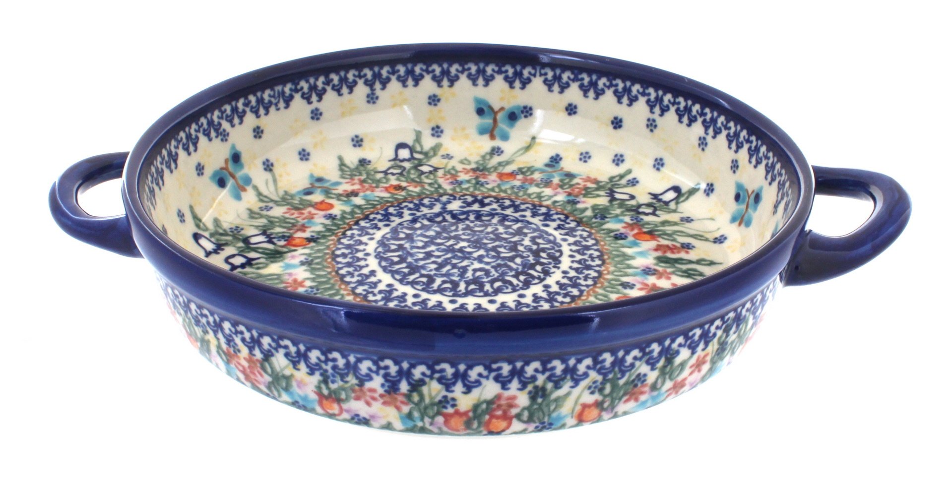 Handmade Blue Rose Polish Pottery Garden of Eden Round Baking Dish with Handles - Perfect for Casseroles, Bread Baking & Serving Dishes