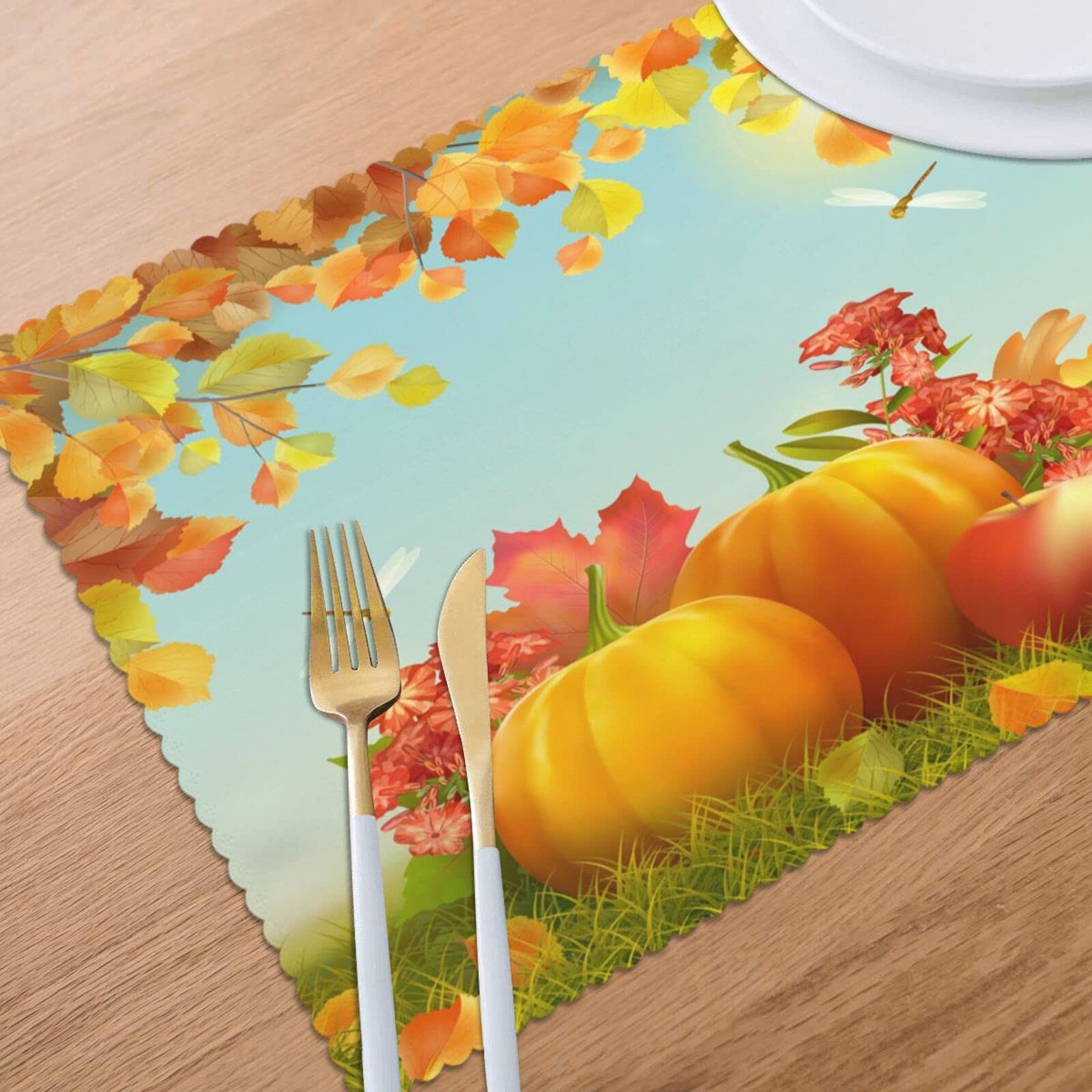 Happy Thanksgiving Day Placemats Set of 4 - 12 x 18 Inch Fall Leaves Design Washable & Heat-Resistant Table Mats for Kitchen Dining - Orange Home Decor | Perfect for Thanksgiving Dinner, Autumn Parties & Holiday Table Settings