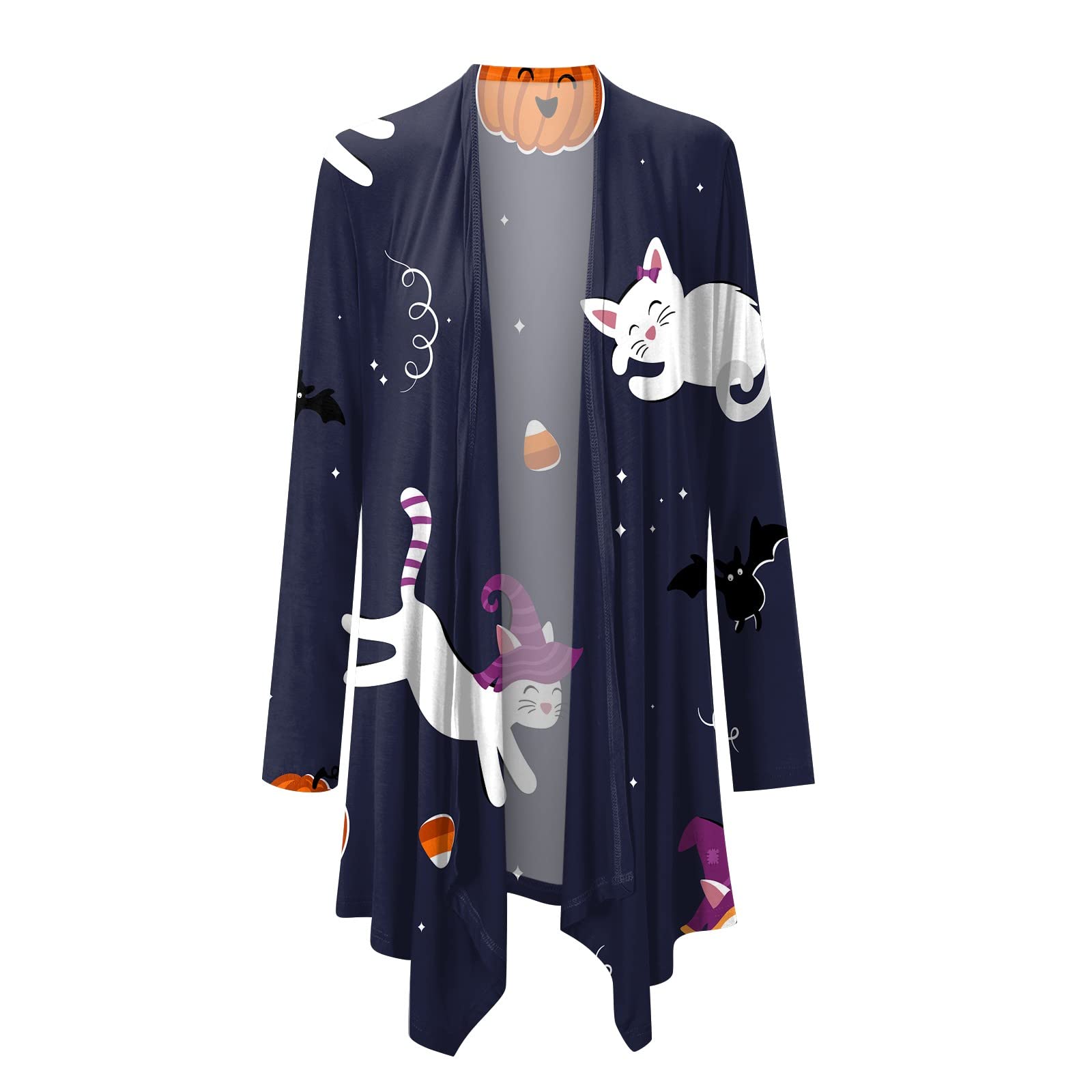 Women's Halloween Cardigan - Long Sleeve Open Front Knit Sweater with Cute Cat & Pumpkin Print | Perfect for Halloween Parties, Fall Outfits & Cozy Seasonal Fashion