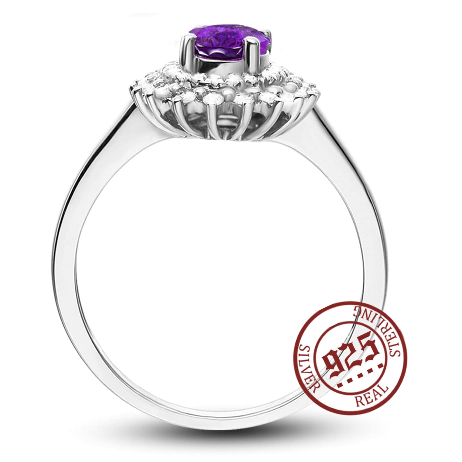 Aienid Sterling Silver Amethyst & Cubic Zirconia Rings for Women - Elegant Oval CZ Gemstone Ring | Perfect for Weddings, Anniversaries & Gift Giving