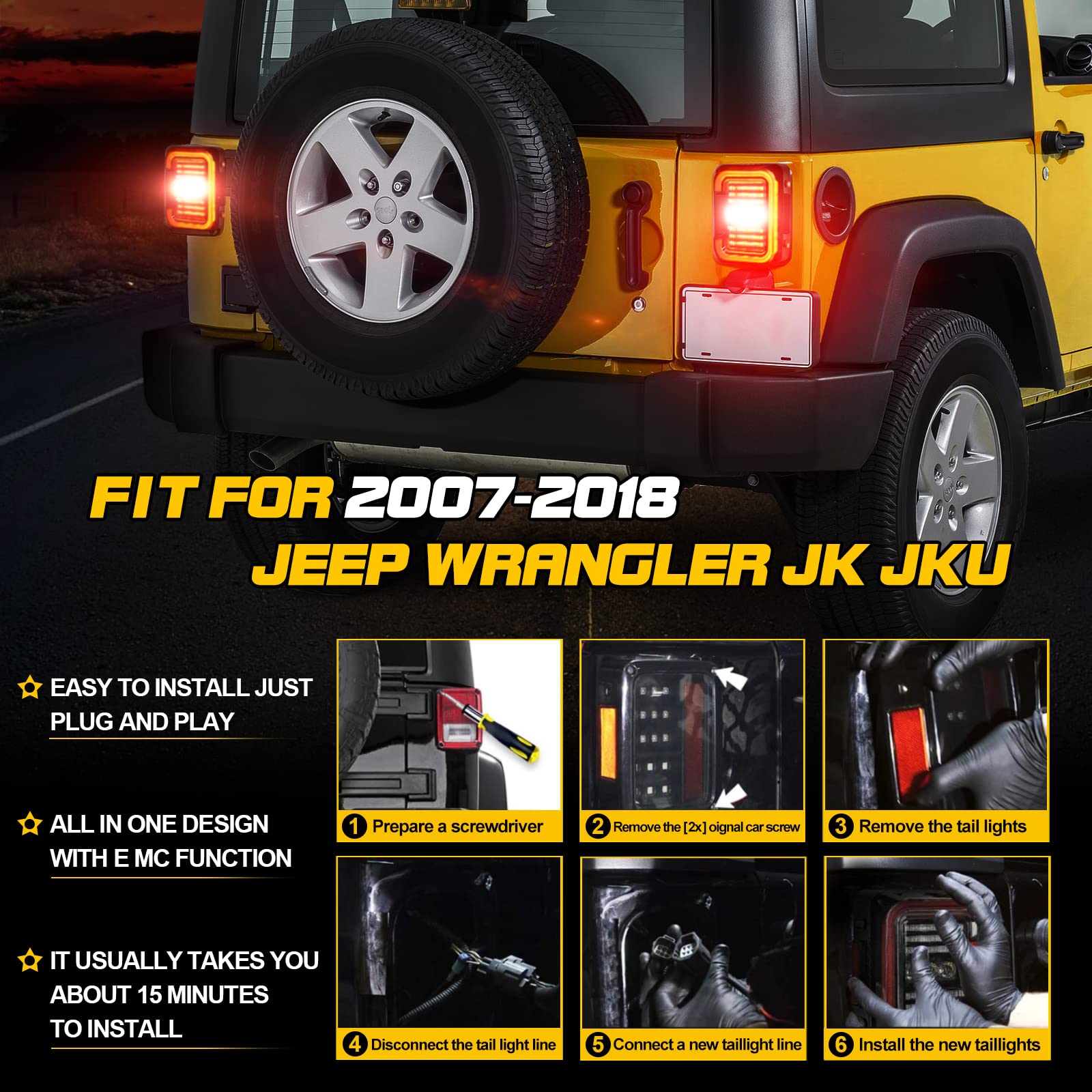 AMONLY LED Tail Lights for Jeep Wrangler JK & JKU 2007-2018 - DOT Approved 20W Clear Lens Reverse/Brake/Daytime Running Lights with Built-in EMC (2-Pack) - Perfect for Off-Roading & Night Driving