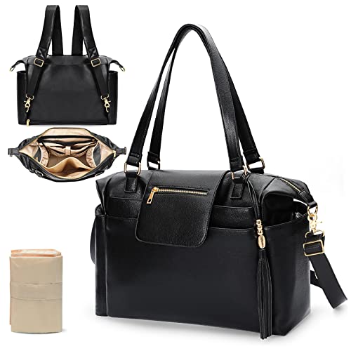 Premium Leather Diaper Bag Backpack & Tote - Omanmoli Large Baby Diaper Bag with 14 Organizing Pouches, Changing Pad, Crossbody Straps & 4 Insulated Pockets for Girls & Boys (Black) - Perfect for Travel, Outings & Daily Baby Care