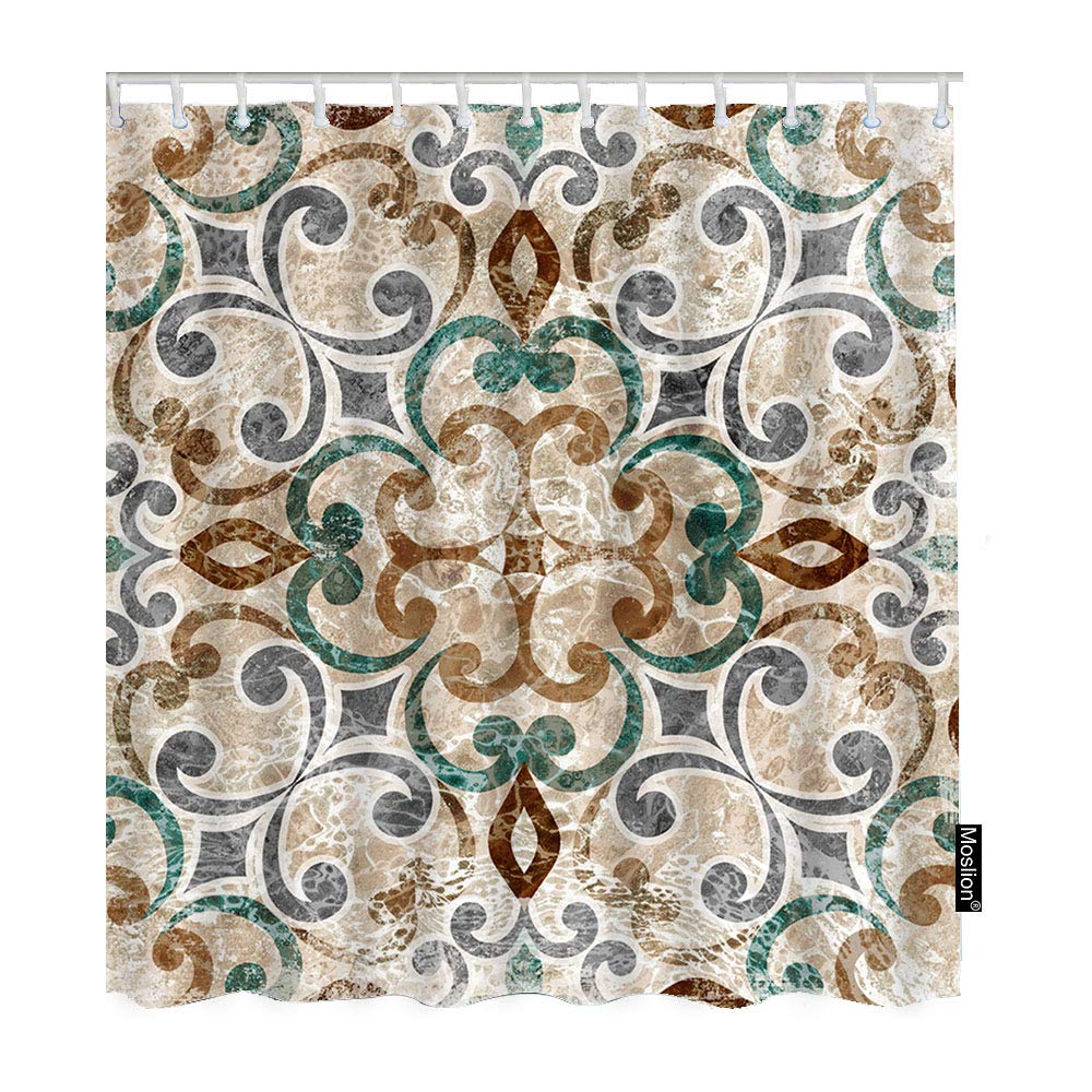 Vintage Floral Paisley Shower Curtain Set - Moroccan Italian Tile Design, Extra Long 72x72 Inch Polyester Fabric Bath Curtain with Hooks - Waterproof Bathroom Decor for Vintage & Boho Style Homes
