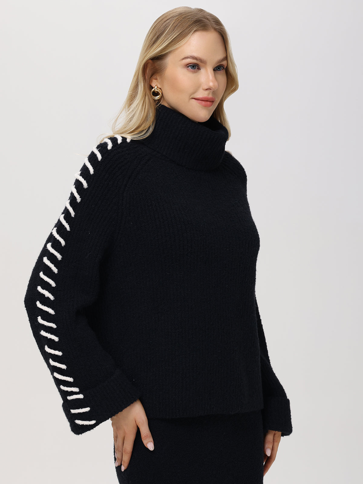 Vida Whipstitch Sleeve Turtleneck Sweater for Women - Cozy Winter Knit Pullover - Perfect for Office, Date Night & Holiday Outfits