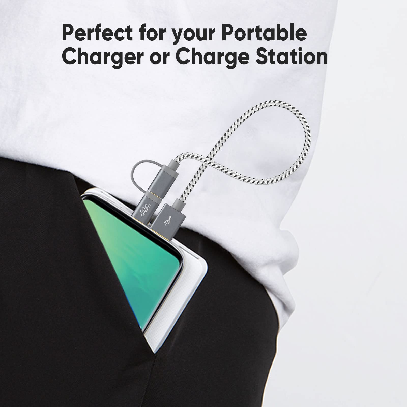 CableCreation 2-in-1 USB C Cable 0.8ft (0.25m) - Braided Micro USB & USB C to USB A Fast Charging Cord - Compatible with Samsung Galaxy S22 Ultra, Note 8, Google Pixel XL & Android Devices - Space Gray - Perfect for Home, Office & Travel Charging
