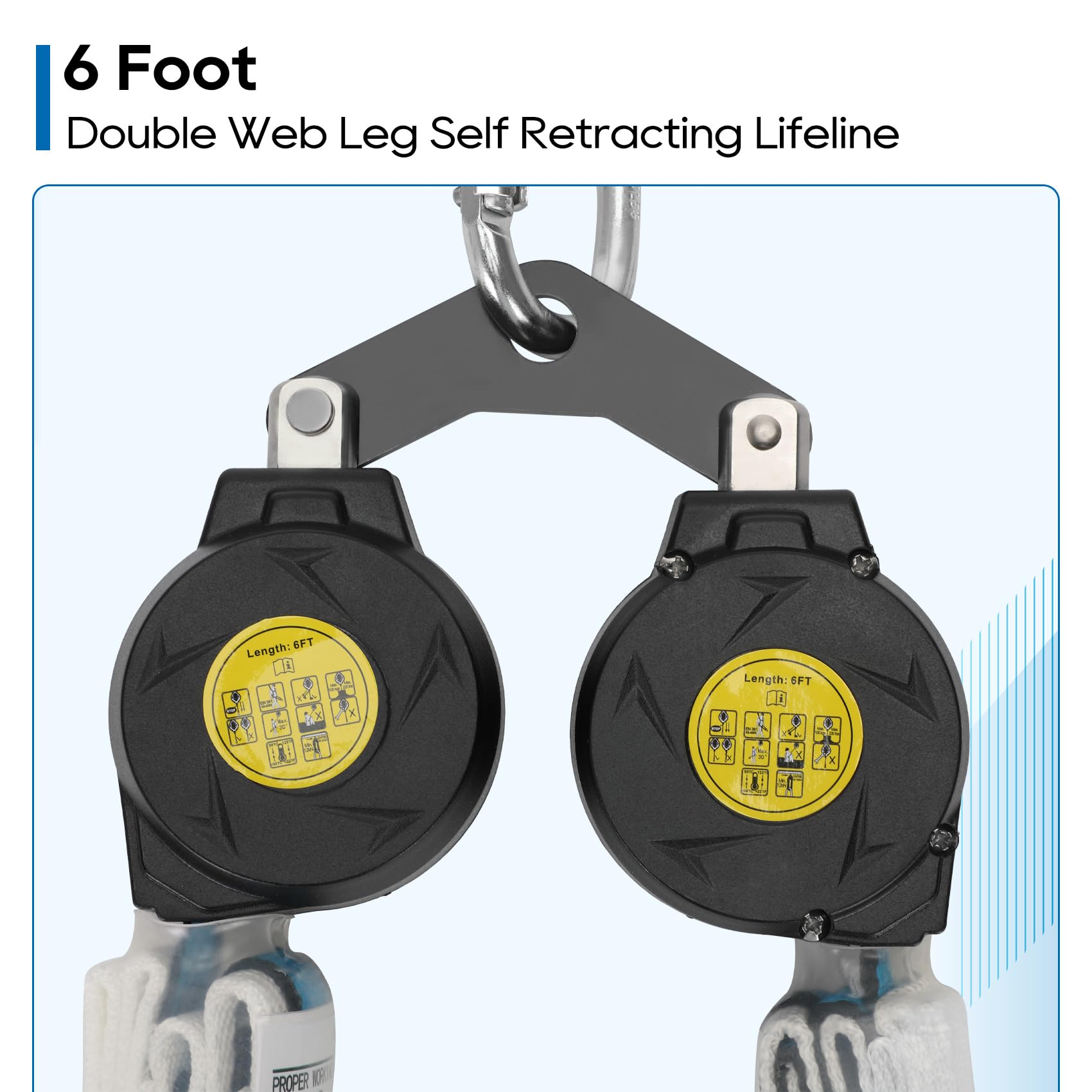 6 ft Dual Leg Self-Retracting Lifeline Web Lanyard with Twin Big Rebar Hooks & Shock Absorbers - OSHA Compliant Fall Protection for Roofing, Construction & Industrial Work Safety