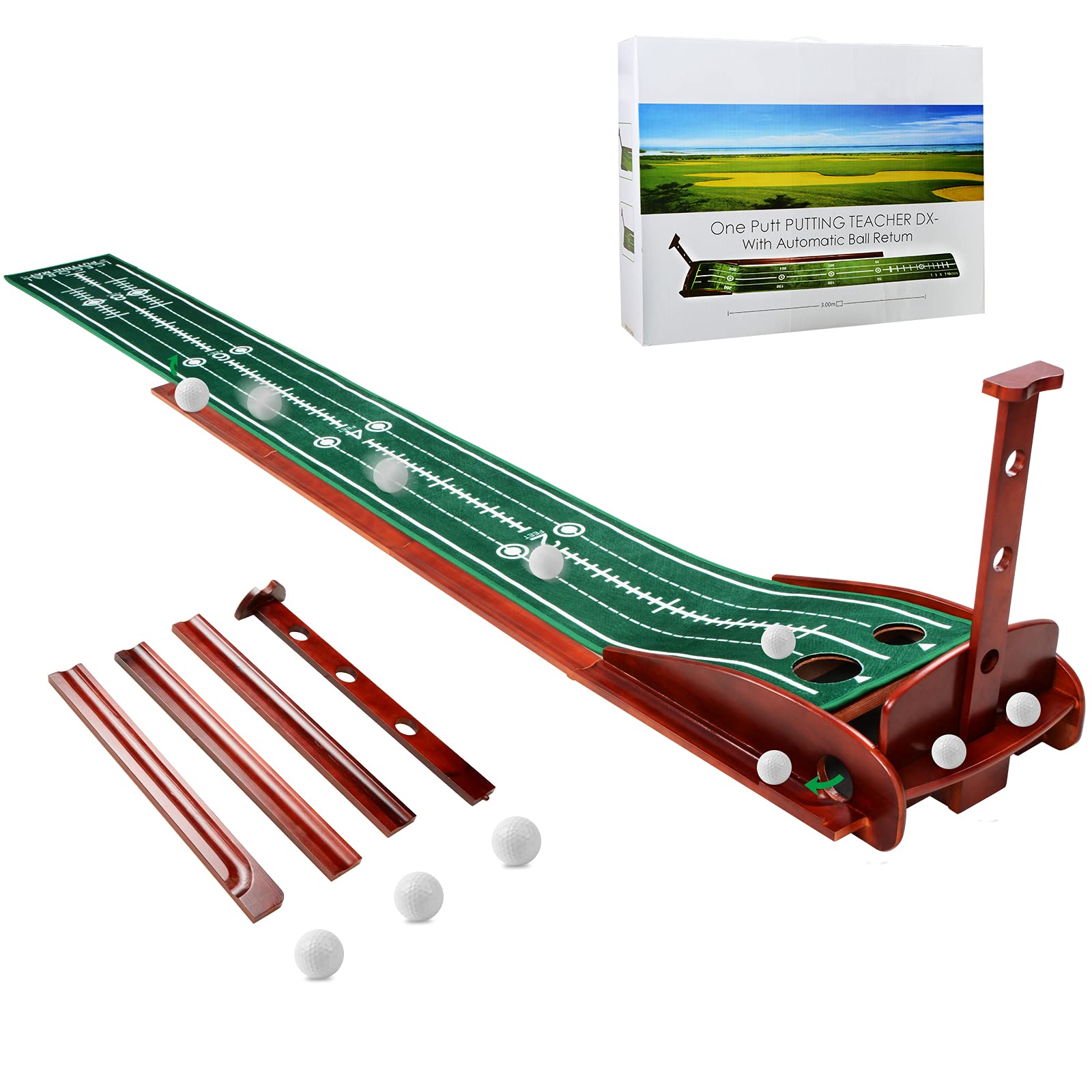 ICECORAL Auto Ball Return Putting Green Mat - Premium Crystal Velvet Surface with Solid Wood Base | Indoor Golf Training Equipment for Home, Office & Backyard | Perfect Golf Gift for Men & Women | Improve Short Game & Practice Putting