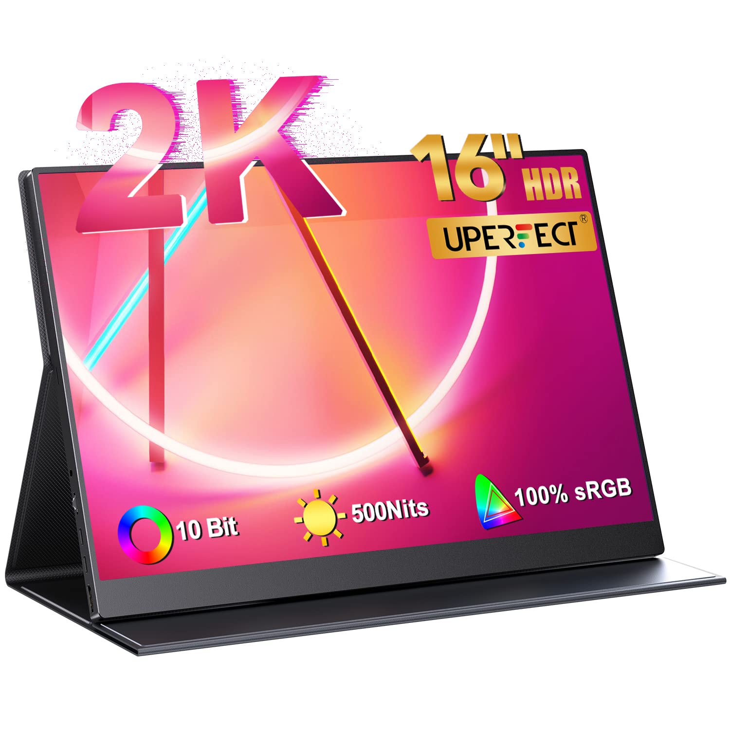 UPERFECT 16'' 2K Portable Monitor - 500 Nits HDR IPS Screen, 2560x1600 Resolution, 10-Bit Color, 1200:1 Contrast Ratio, USB-C & VESA Compatible - Ultra-Thin Frameless Design for Gaming, Office & Travel - Lightweight Extended Display for Laptops & Mobile Workstations
