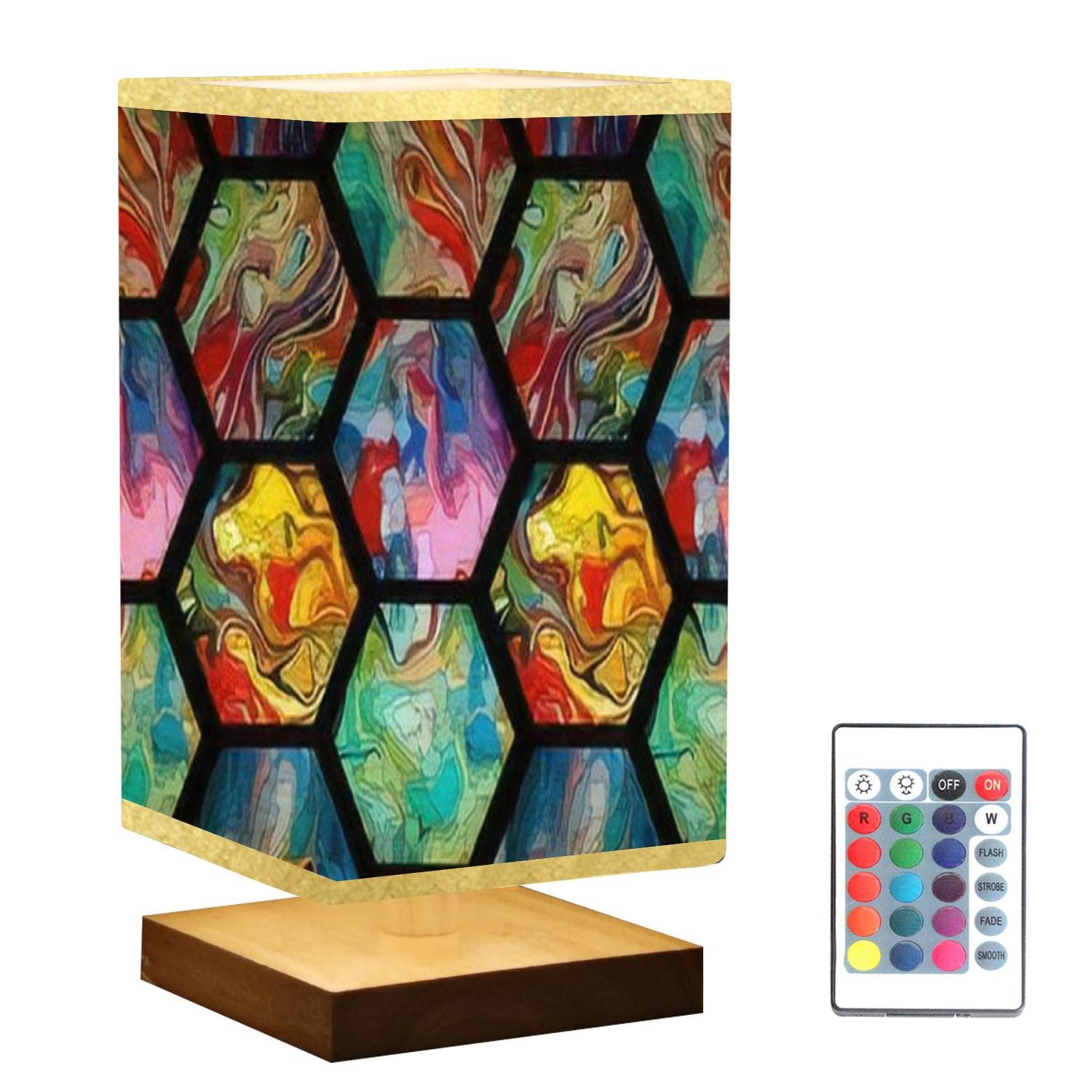 Modern Hexagon Geometric Wooden Table Lamp - Handmade Flaxen Fabric Shade, Dimmable Nightstand Light for Bedroom & Living Room | Perfect for Reading Nook, Home Office, and Cozy Ambience