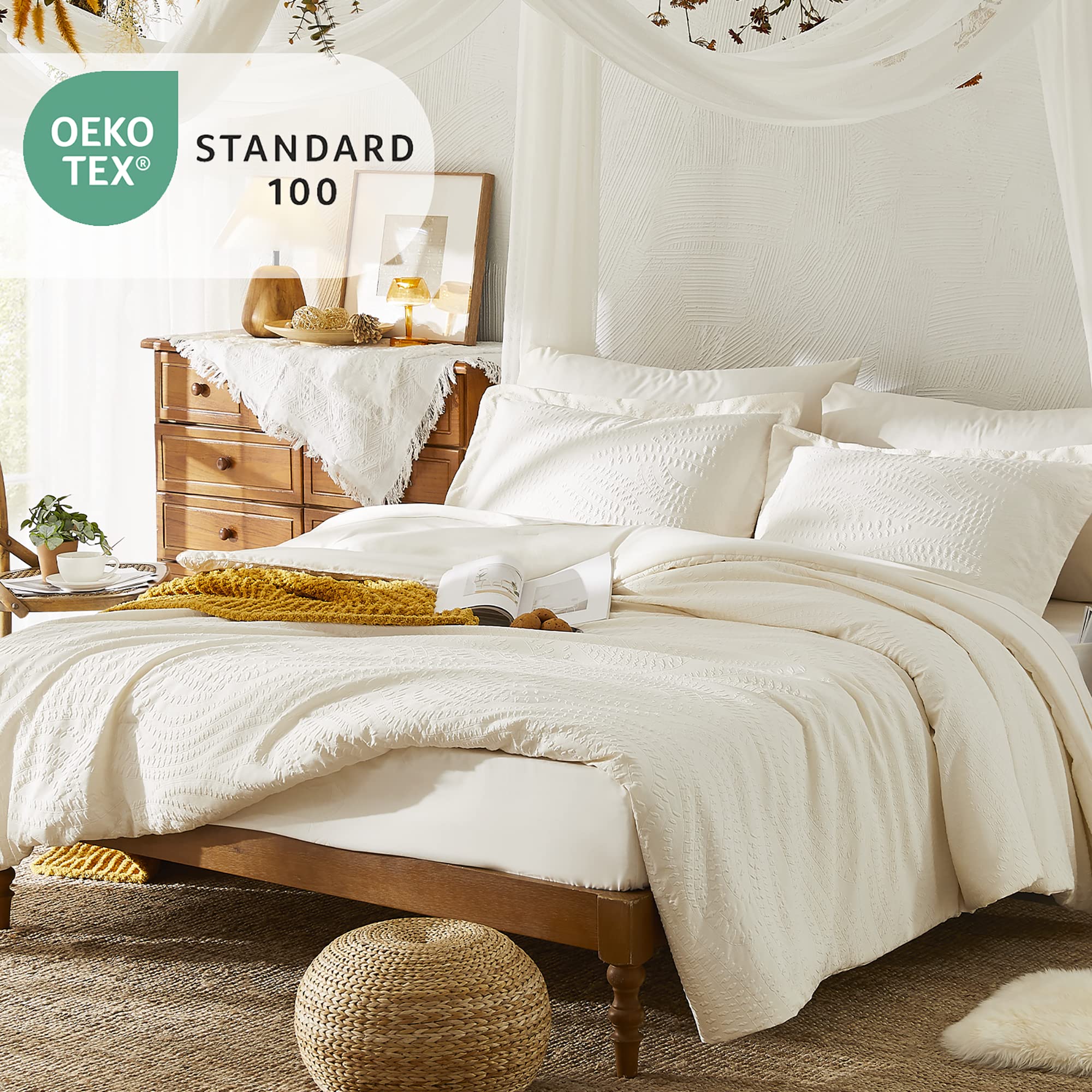 Geniospin Queen Comforter Set 7-Piece All Season Bedding - Ivory White Botanical Print Seersucker Duvet Cover, Sheets, Pillowcases & Shams (90x90 Inches) for Cozy Bedroom Decor & Guest Room Essentials