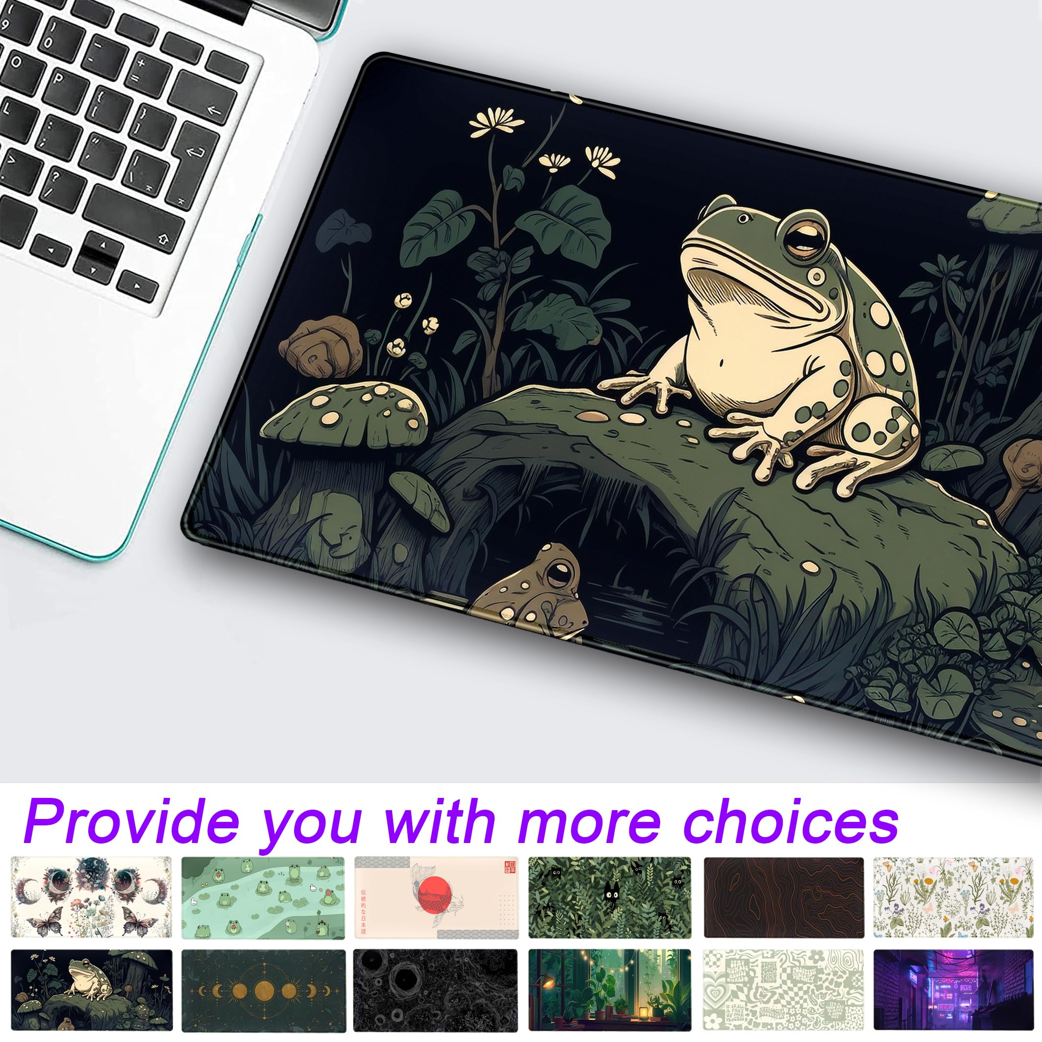Kawaii Mushroom Cute Frog Anime Gaming Mouse Pad - Dark Green Forest Design XXL (31.5x15.75 in) Non-Slip Rubber Base with Stitched Edges - Large Extended Laptop Keyboard Mouse Mat Desk Pad for Gaming, Office & Home Workspace