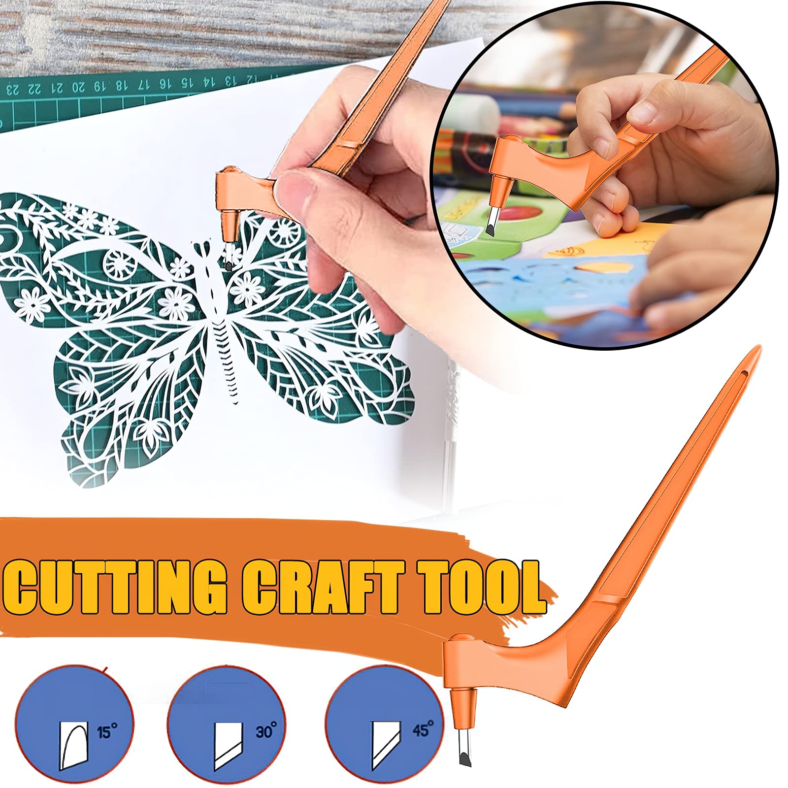 3 Blade Craft Knife (15°, 30°, 45°) - 360° Rotating Precision Pen Blade Stainless Steel Art Cutting Tool for Hobby, Scrapbooking, Stencil, Paper Crafts & DIY Projects (Orange)