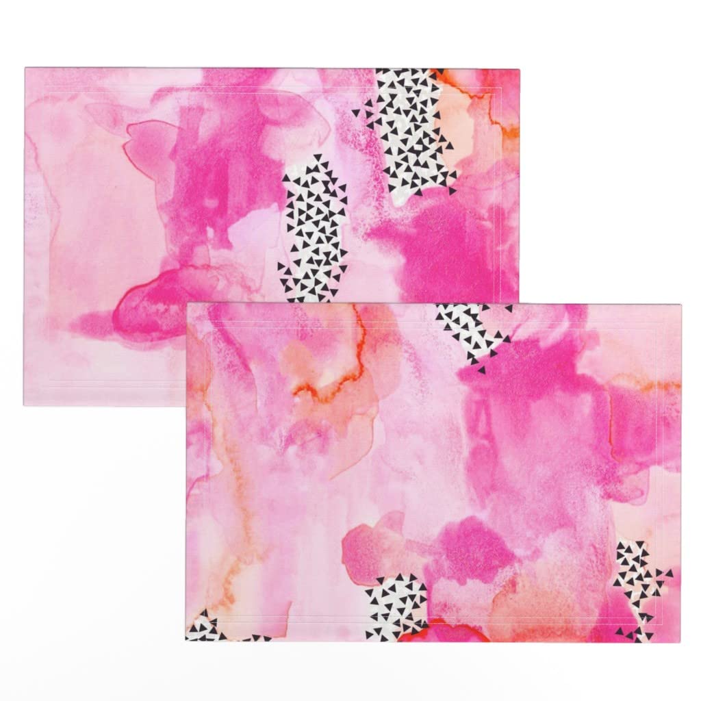 Hand-Painted Watercolor Abstract Pink Coral Linen Cotton Canvas Placemats (Set of 2) - High Fashion Print Table Mats for Dining, Kitchen Decor, and Party Settings