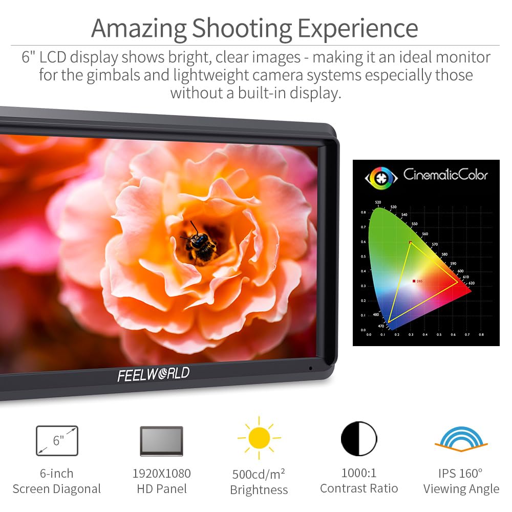 FEELWORLD S55 6 Inch Full HD 1920x1080 IPS DSLR Camera Field Monitor with 4K HDMI, LUT, Peaking Focus Assist - Professional Video Accessory for Filmmaking, Vlogging & Outdoor Shooting
