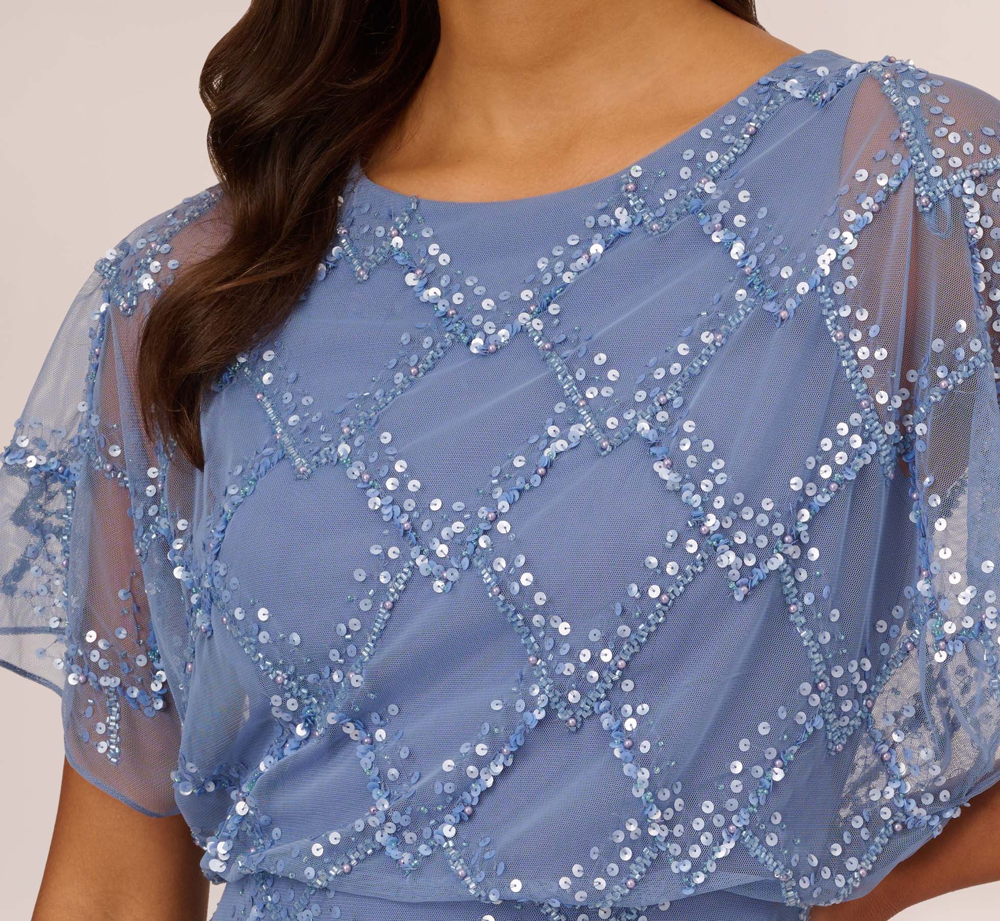 Hand Beaded Blouson Long Gown With Flutter Sleeves - French Blue Elegant Evening Dress for Women | Perfect for Weddings, Galas, and Special Occasions