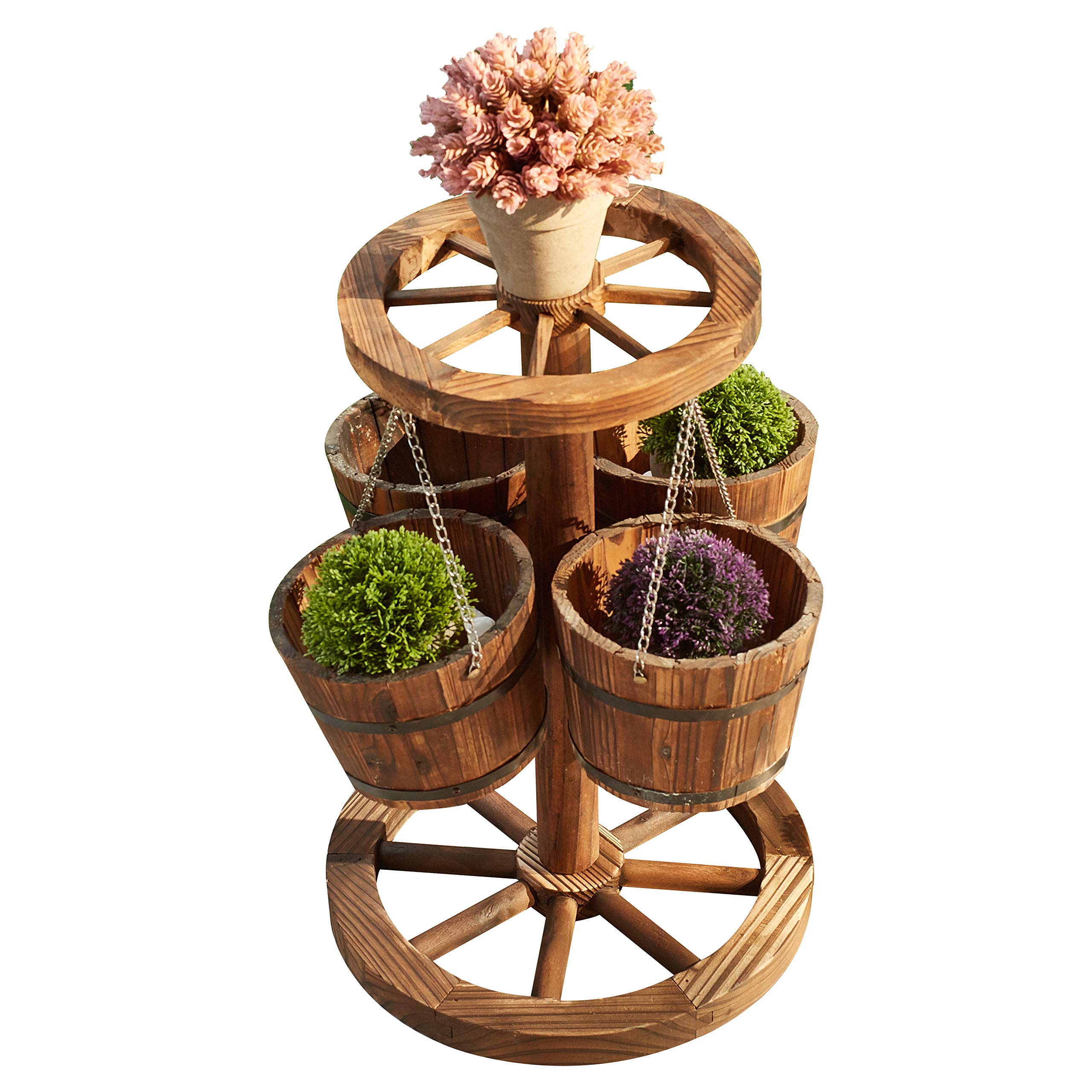 LOKATSE HOME Rustic Wooden Wagon Barrel Wheel Planter with Buckets - Outdoor Garden Decor for Patio, Yard, and Porch - Perfect for Flowers, Plants, and Herbs