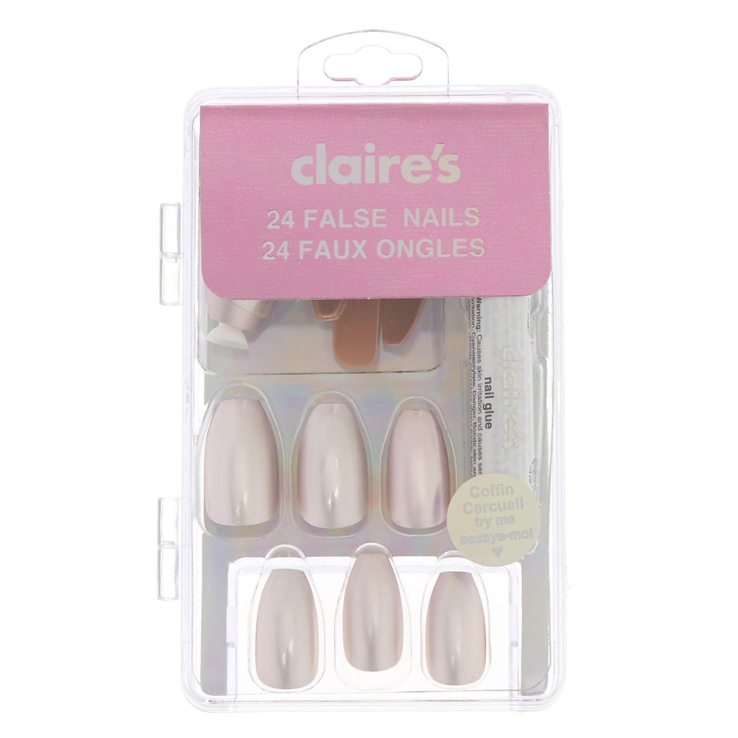 Claire's Pink Satin Coffin False Nails for Girls - Long-Lasting Press-On Nails for Parties, Prom, and Special Occasions