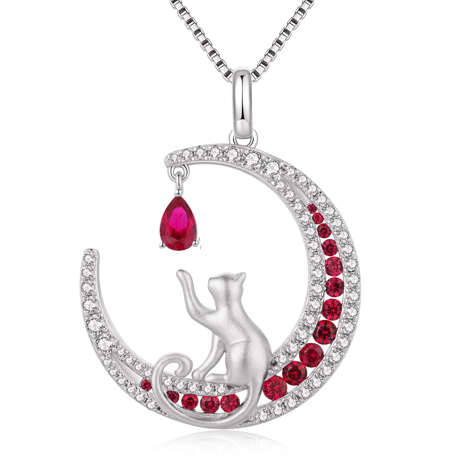 18K White Gold Plated Cat Necklace - 925 Sterling Silver Diamond Cat Pendant with Moon Charm | Elegant Jewelry Gift for Women (Birthday/Christmas) | Comes with Gift Box | Perfect for Date Nights, Parties & Special Occasions