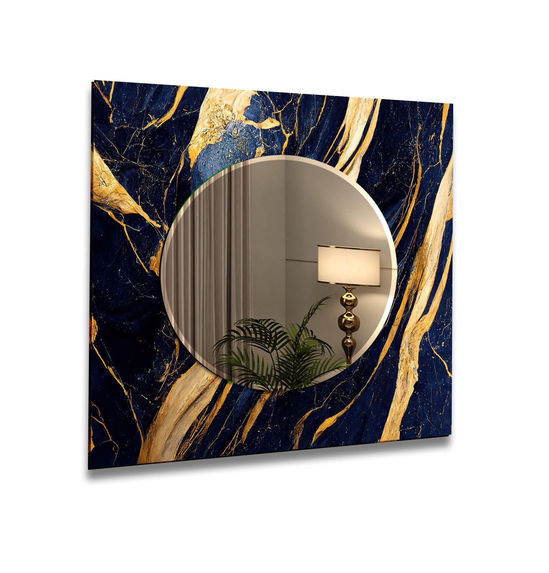 Blue & Gold Abstract Wall Mirrors - Modern Decorative Mirror for Living Room, Bedroom & Entryway - Stylish Home Decor Accent Piece