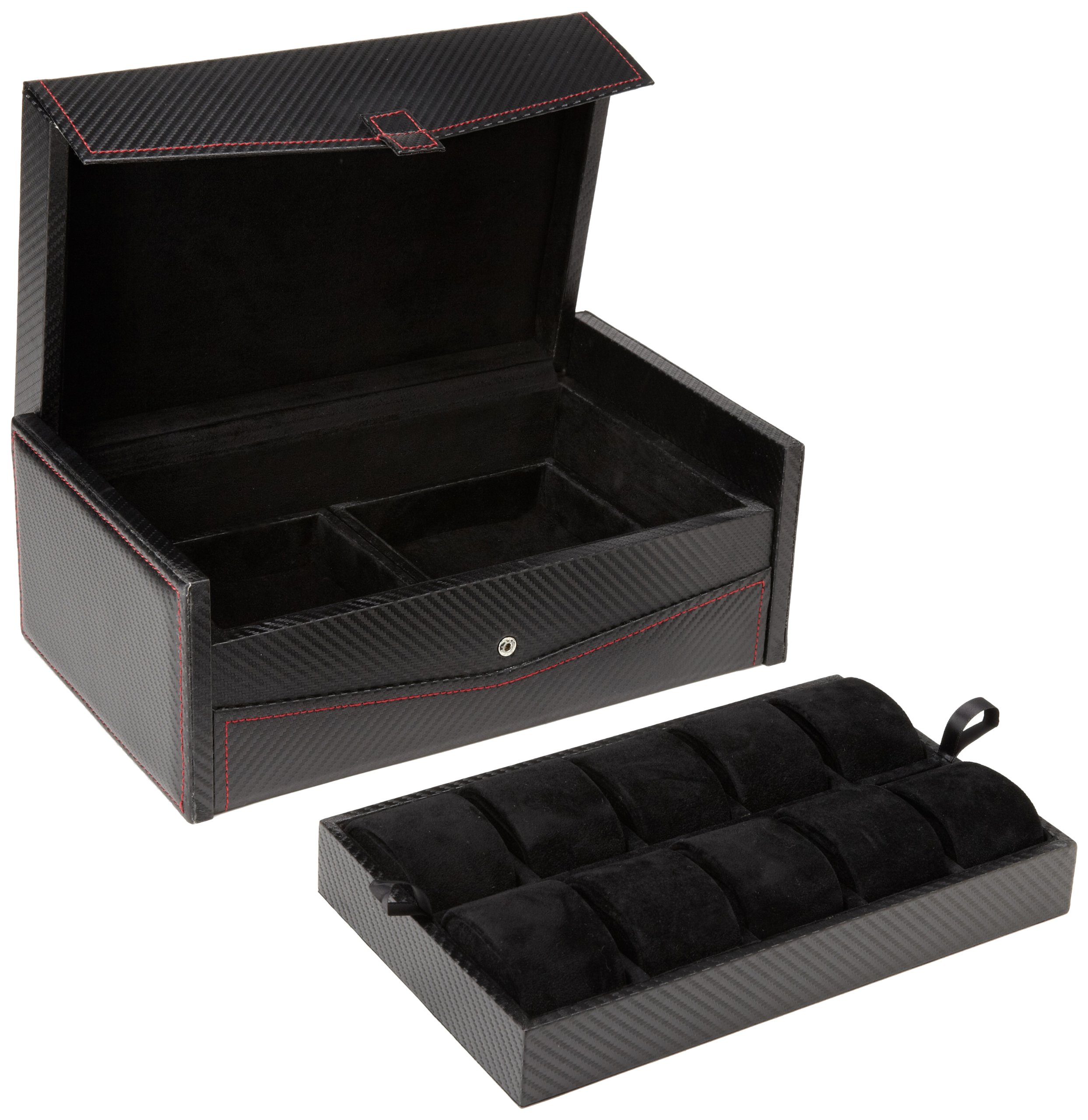 Premium Diplomat 31-444 Carbon Fiber Watch Case - Black Suede Interior with 2 Storage Compartments | Luxury Watch Organizer for Travel, Display & Collection Protection