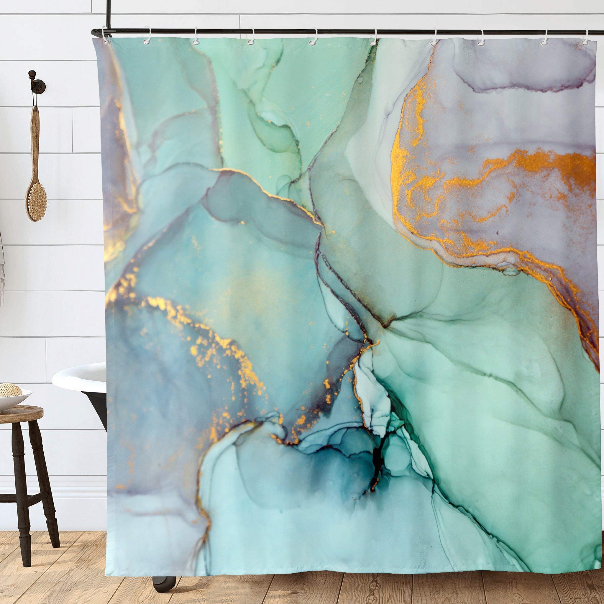 Marble White Indigo Golden Powder Waterproof Shower Curtain Liner Set with Hooks - 66x72 Inch Washable Quick Dry Bathroom Curtain for Bathtub or Shower - Perfect for Modern Bathrooms & Spa-Like Retreats