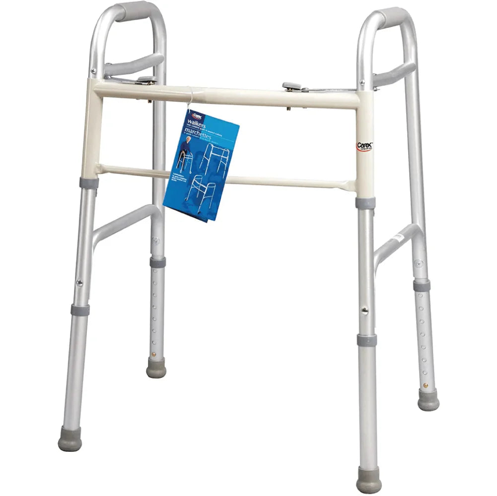CAREX Dual Button Folding Walker Without Wheels - Lightweight Mobility Aid for Seniors & Adults - Indoor & Outdoor Use for Stability & Support