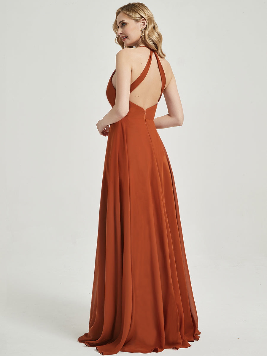 Elegant Burnt Orange Pleated Halter V-Neck Backless Chiffon Bridesmaid Dress - Perfect for Weddings, Formal Events & Evening Parties