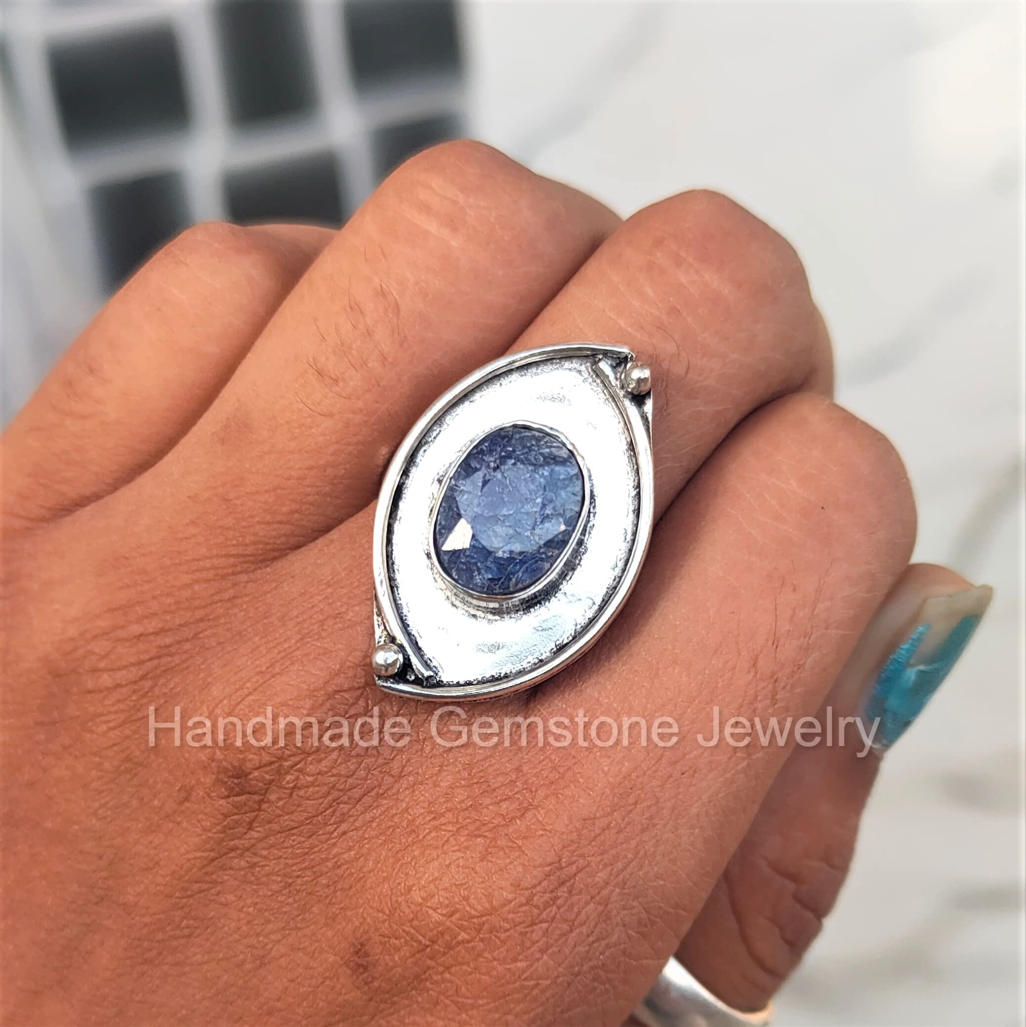 Exquisite Oval Sapphire Ring – Designer Wedding Band with Raw Blue Stone, September Birthstone Jewelry | Unique Marquise Design for Unisex Promise Rings & Special Occasions