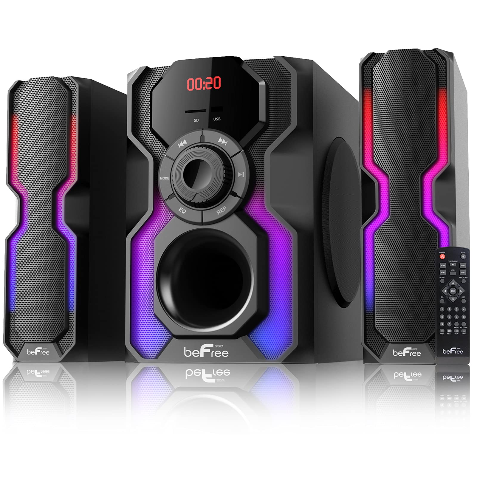 beFree Sound 2.1 Channel Bluetooth Multimedia Speaker System with LED Lights, FM Radio, USB/SD Input - Wireless & Wired Shelf Stereo for Home Theater, Gaming & Parties (Black, BFS-Shelf Speaker)