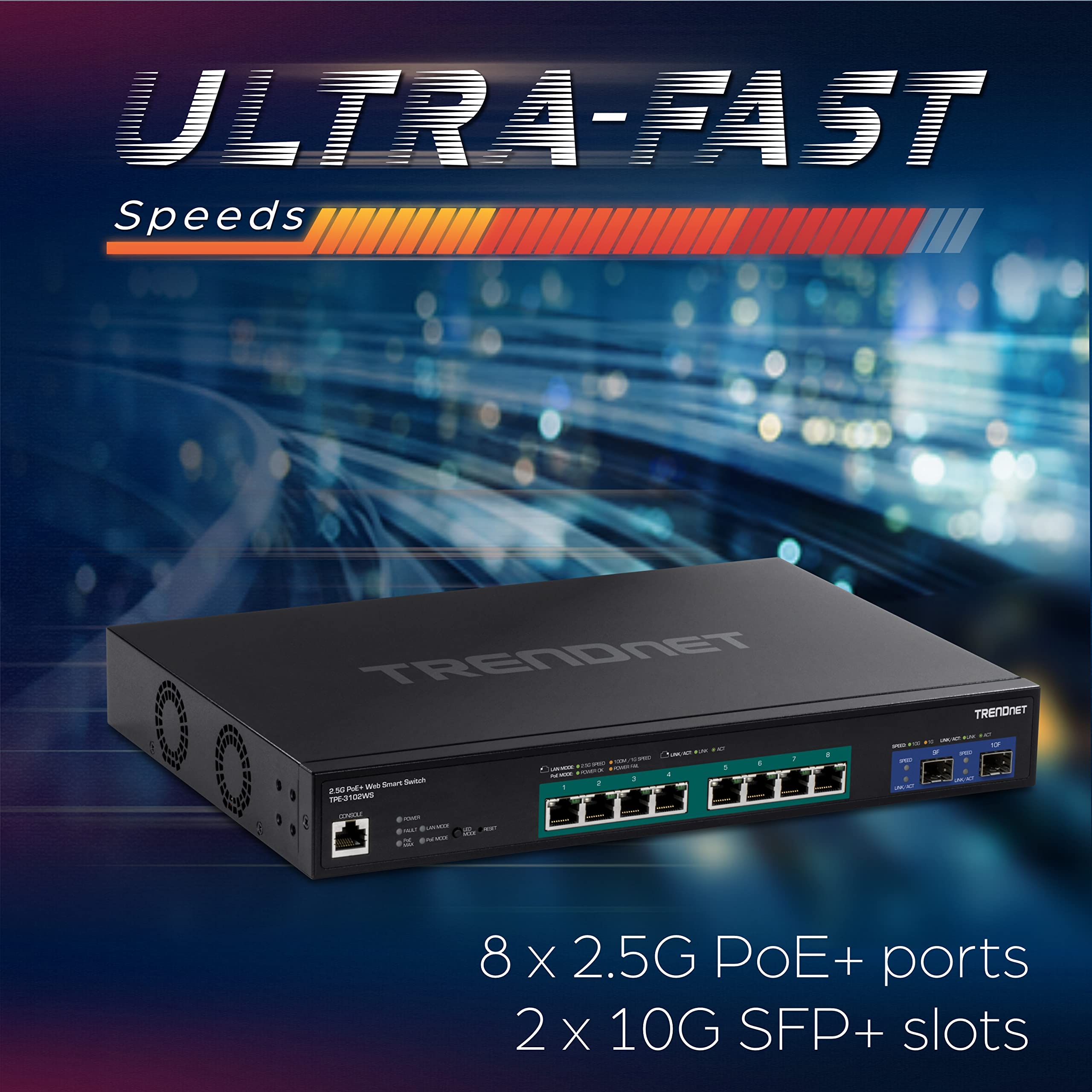 TRENDnet TPE-3102WS 10-Port Multi-Gig Web Smart PoE+ Switch | 8 x 2.5G PoE+ Ports & 2 x 10G SFP+ | Metal Housing Managed Ethernet Switch | Lifetime Protection | Ideal for Office Networks, Surveillance Systems & High-Speed Data Transfer