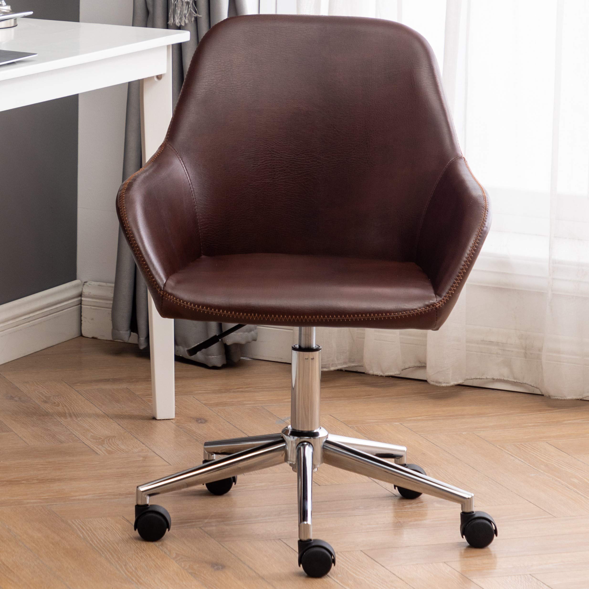 BTEXPERT Mid Back Office Chair - Adjustable Height, Swivel & Rolling Wheels - Faux Leather Desk Chair for Home & Office - White & Brown (5176) - Perfect for Workstations, Gaming & Study Spaces